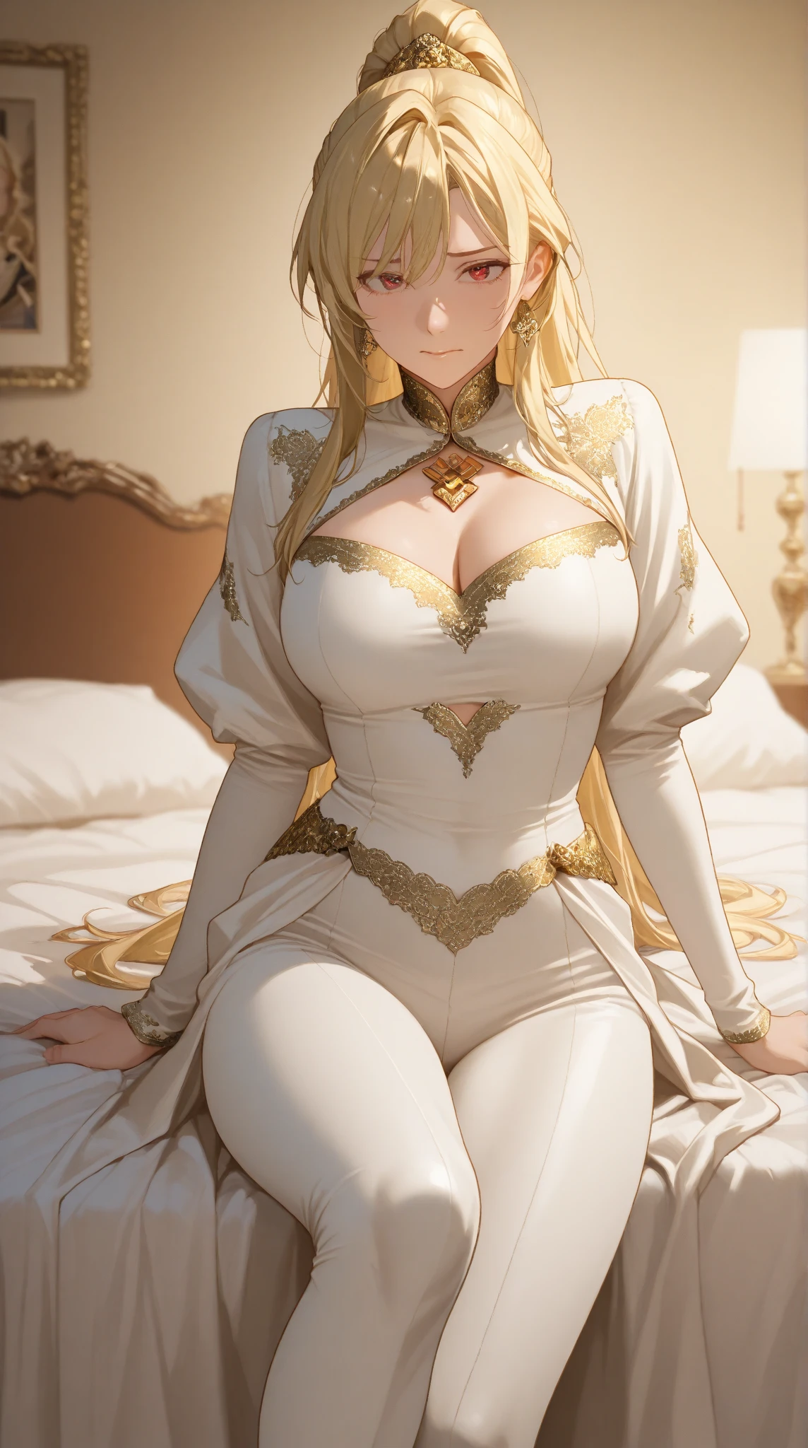 (best quality: 1.2), clean face, (masterpiece: 1.2, 8k) perfect anatomy, 1 girl) a beautiful fashion model ,(masterpiece, official art, best quality  shiny hair, blonde hair with streaks in hair, full lips,  big breasts, slutty outfit, cleavage, shiny breasts,shiny skin, looking at viewer, (slave dancer  outfit), long abdomen, horizontal, lounging, a single girl