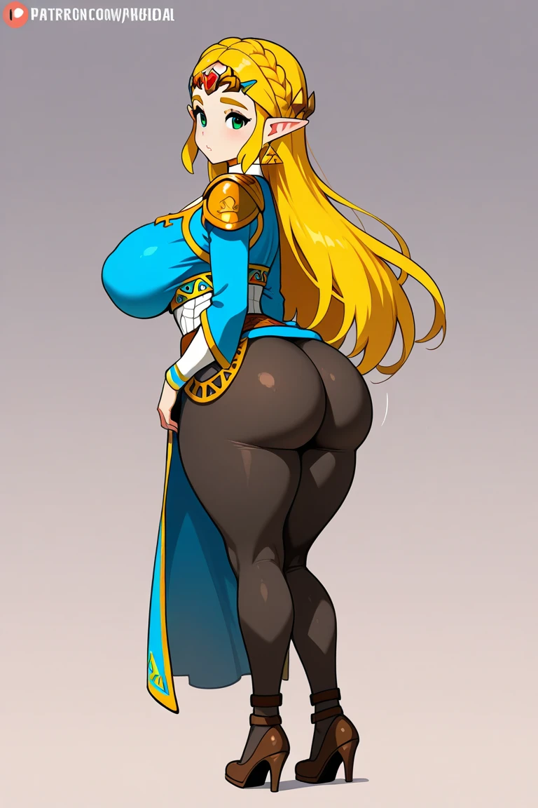 (masterpiece:1.2, best quality), (highly detailed:1.3), 1girl, 18yo girl, blond long hair, (zelda), breath of the wild, black shiny tight pants, juicy butt, happy, smiling, looking at camera, rear view, like able cute face, perfect even blue eyes, bitchy, rude attitude