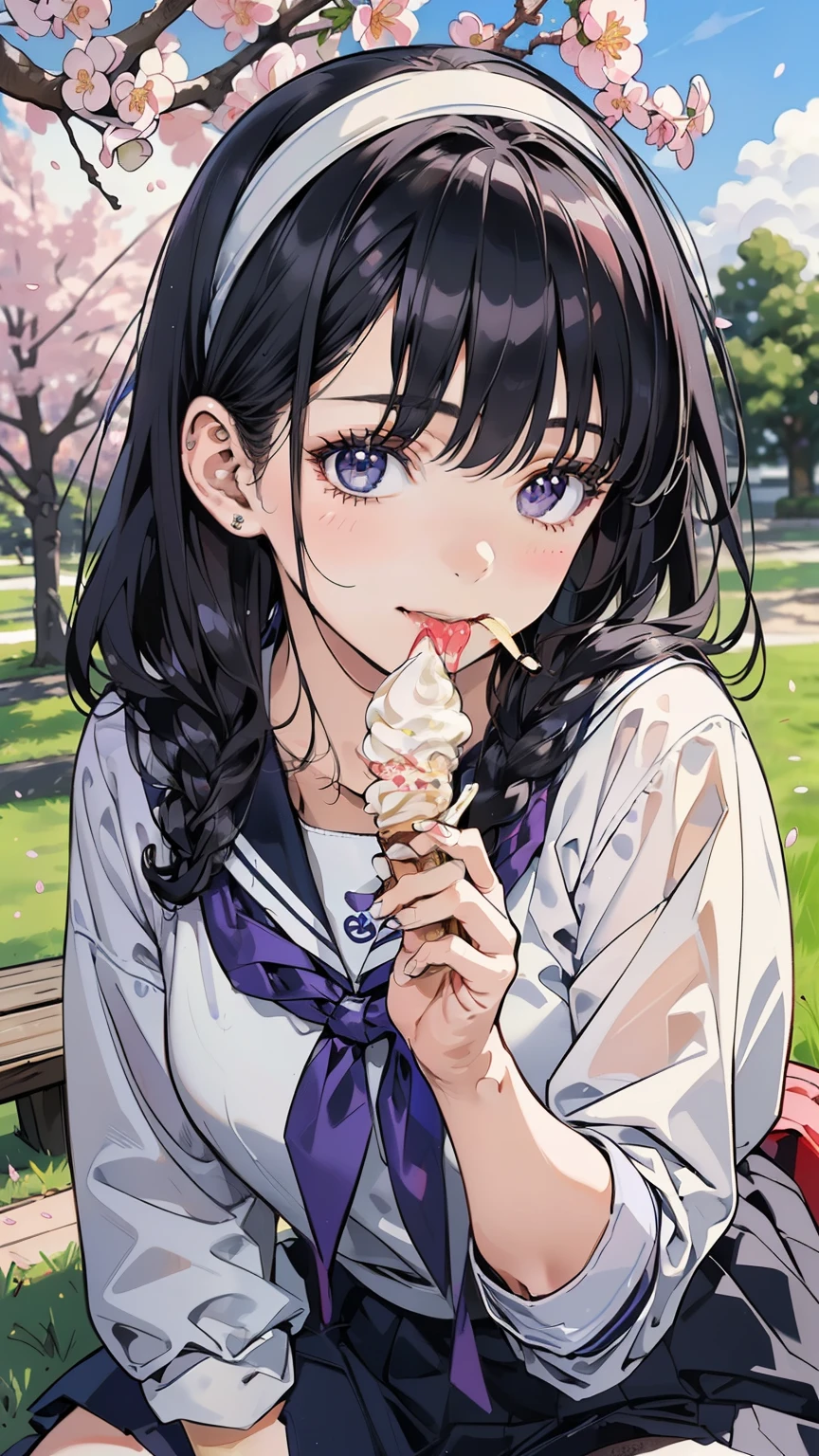 sailor suit, one woman, (beautiful woman in silya room), 8k, Best Quality, masterpiece, very detailed, Ultra High Resolution, realistic, RAW photo, absolute resolution, black hair, braided hair, small face compared to body under a tree with cherry blossoms, very small face, black hair, 紺色のsailor suit, navy blue skirt, animated 2D rendering, realistic若いアニメの女子高生, (White Headbands:1.4), small breasts, is tall, Slanted Eyes ,purple eyes, black stockings, garter belt, smile, Sitting under a cherry tree, (Trying to eat soft serve ice cream in hand:1.4),
