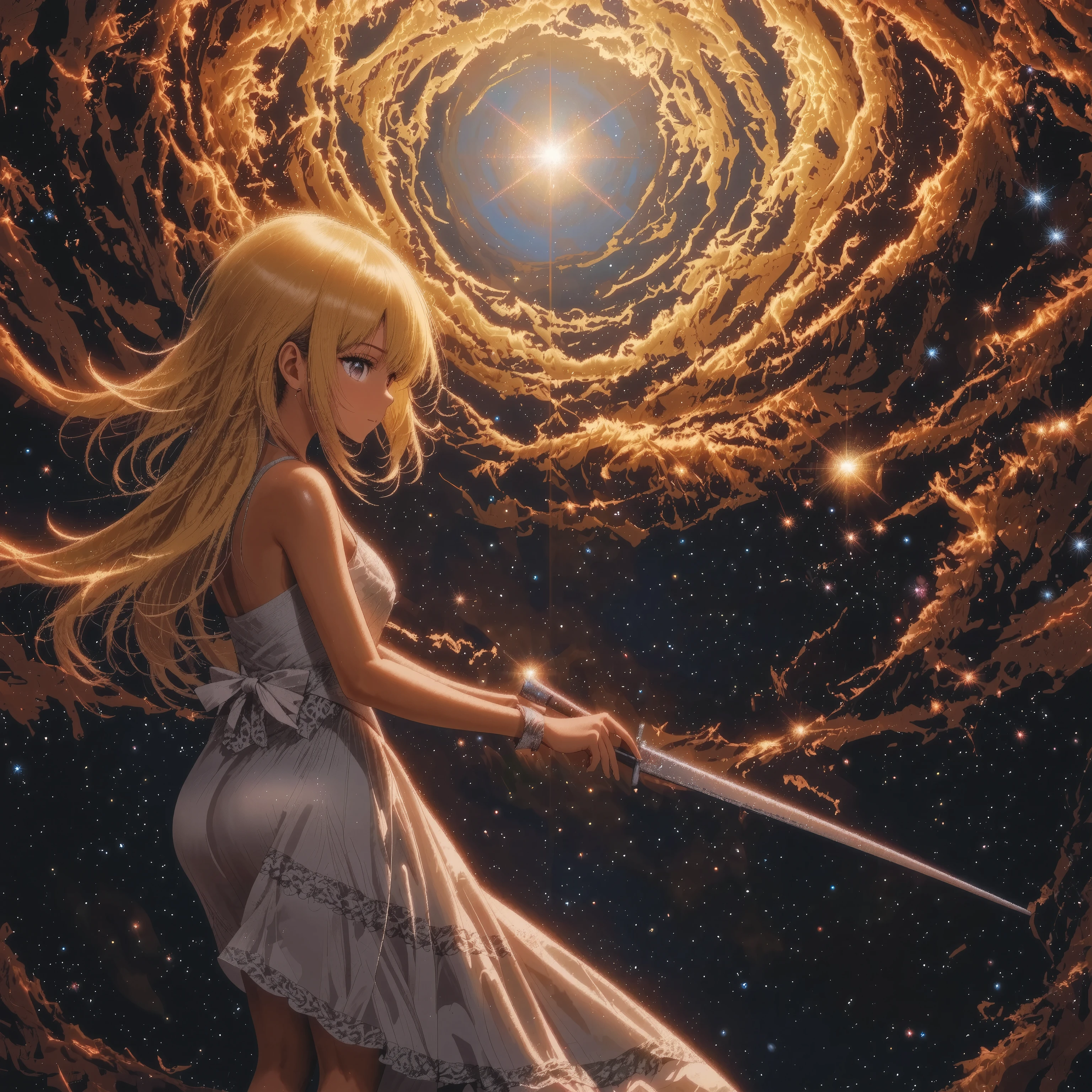 One Girl Staring at the Galaxy +goddess +Dark Matter Swordsman +What defies the laws of physics +Textured Brown Skin +[Toned Arms、solo、Cosmic Microwave Background Radiation with a Beautiful Glow、(kogyaru)+Crazy Expression