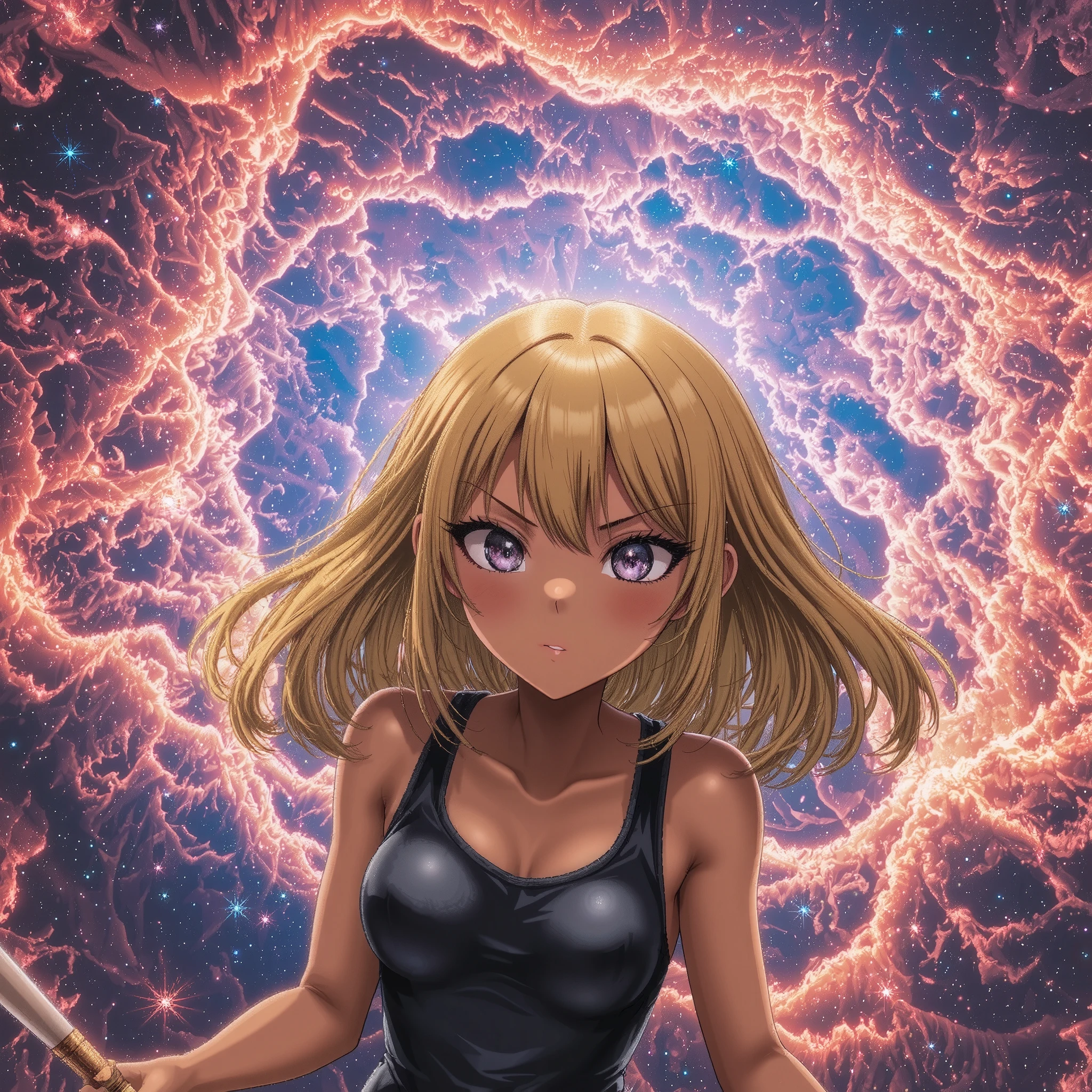 One Girl Staring at the Galaxy +goddess +Dark Matter Swordsman +What defies the laws of physics +Textured Brown Skin +[Toned Arms、solo、Cosmic Microwave Background Radiation with a Beautiful Glow、(kogyaru)+Crazy Expression