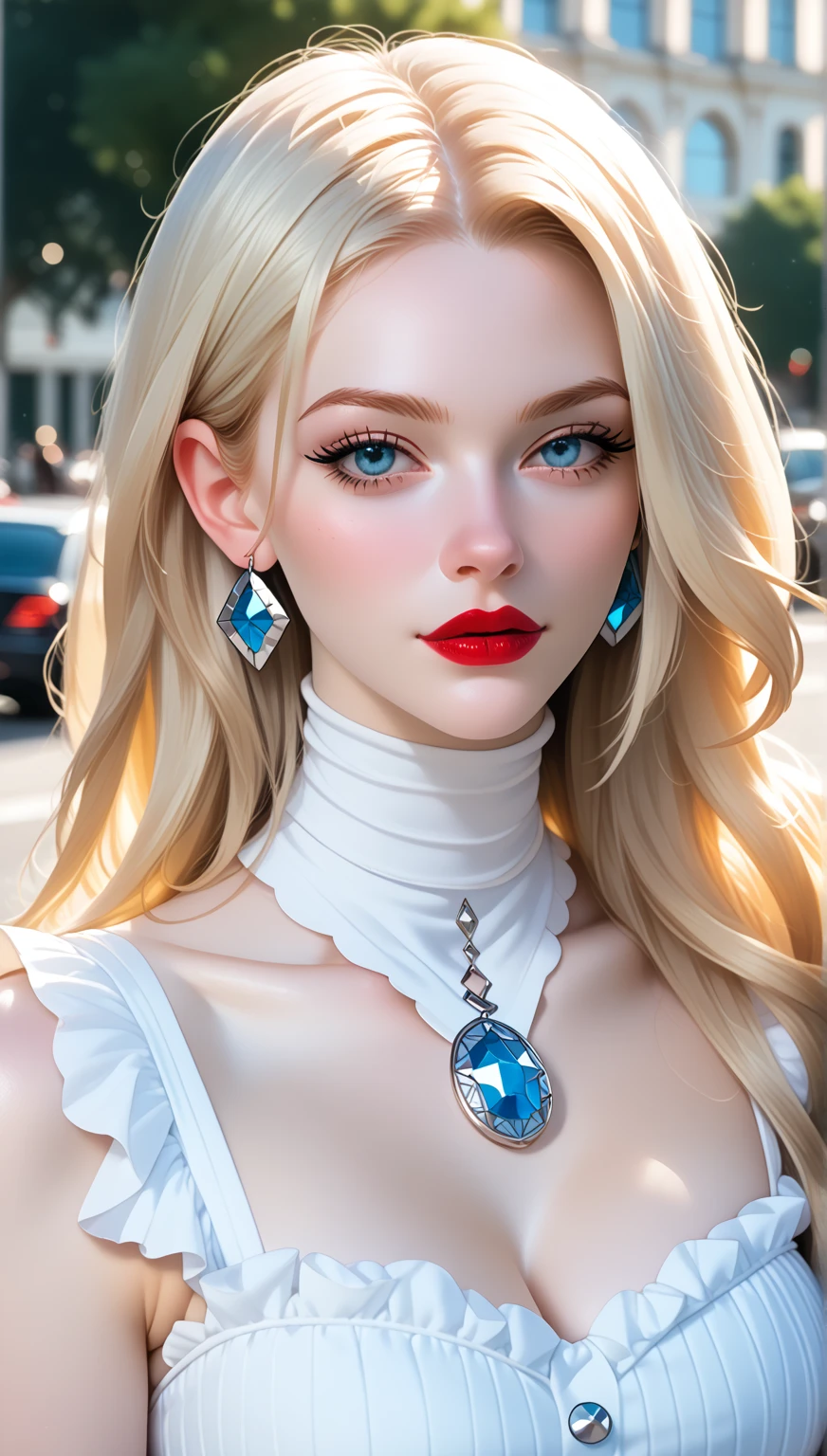 (black clothing), Inside of an opulent Russian palace. Cute 18 yo (albino:1.4)woman of Slavic descent.(short:1.1), , long white hair, gray eyes, ((very pale:1.4)). Innocent look. Gentle spirit.(virgin), (joy:1.2),(smile:1.3). (romantic:1.2). Mascara, red lipstick, necklace, elegant mermaid dress, (black color RealPantyhose:1), high heels. Masterpiece, (highly detailed:1.2),(detailed face and eyes:1.2), 8k wallpaper, natural lighting. core shadows, high contrast