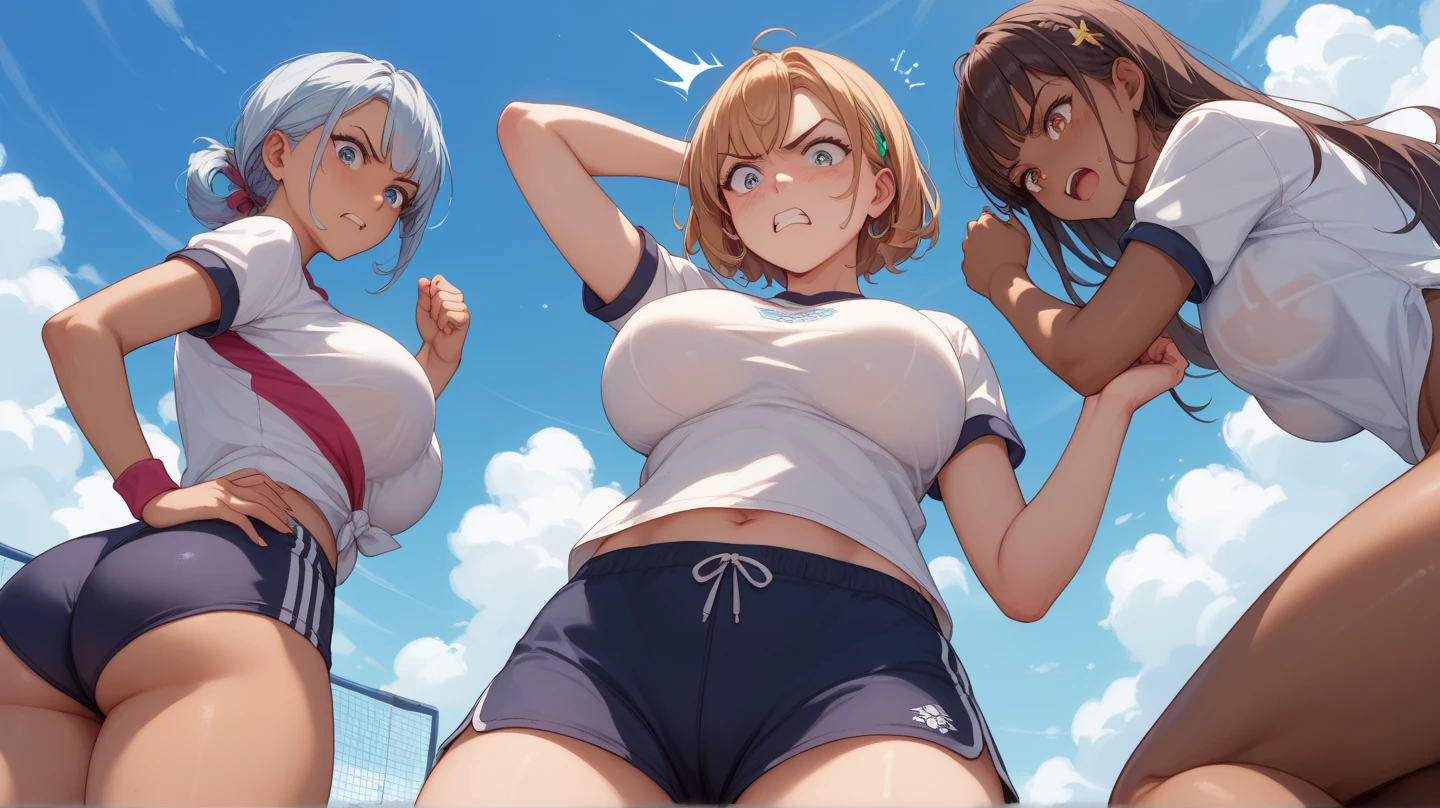 nsfw:1.6, Top quality, ultra high resolution, , (top quality, high resolution, 4K, detailed lighting, shaders, perfect anatomy, perfect proportions), eye of the beholder, (masterpiece, top quality) (top quality, 4K, 8K, high resolution, masterpiece: 1.2), highly detailed, (masterpiece: 1.3, top quality, ultra high resolution, ultra detailed), (top quality: 1.2), perfect eyes, perfect face, (top quality, 4K, 8K, high resolution, masterpiece: 1.2), highly detailed, (top quality, 4K, 8K, high resolution, masterpiece: 1.5), masterpiece, top quality, ultra detailed, top quality, high resolution, 32K CG, very delicate and beautiful, illustration, high resolution, sharp focus, very beautiful and detailed anime face, very detailed eyes, ((masterpiece)), ((best quality)), (super detailed), ((cute)), cute, ((very detailed)), 4K, (8K), best quality, (best quality, 8K, 32k, masterpiece, super high resolution, very detailed, impressionistic:1.2), blurred background, (two arms) , (two legs), (four fingers and 1 thumb) , only one belly button, Bare shoulders.
Cute American high school girls, school gym, beautiful sunset, 3 girls standing side by side:1.5, cheerleaders:1.5,embarrassed face: 1.3, blushing, laughing: 1.4,lifting up their clothes to show off their brassieres: 1.5, nipples peek: 1.6, slender body: 1.3, bustup shot:1.3,