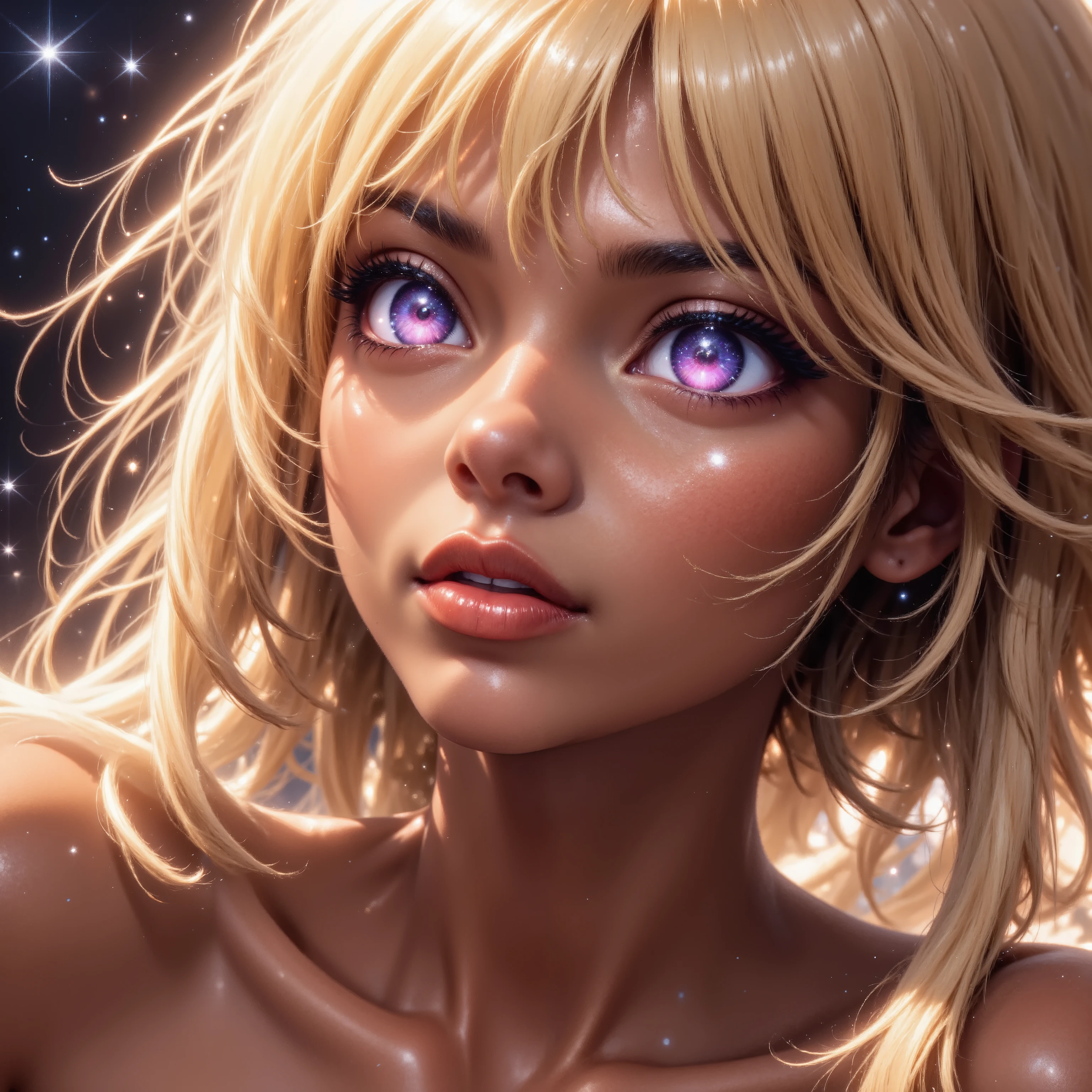 One Girl Staring at the Galaxy +goddess +What defies the laws of physics +Textured Brown Skin +[Toned Arms、solo、Cosmic Microwave Background Radiation with a Beautiful Glow、(kogyaru)+Crazy Expression