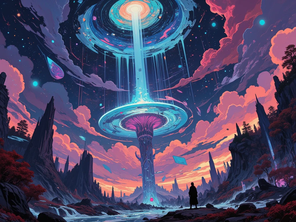 un homme en costume d'astronaute debout sur un rocher regardant une galaxie, conceptual art inspired by Cyril Rolando, tendance sur CGSociety, art spatial, Greg Beeple, endless cosmos in the background, Juste Bartel, cyril rolando et m. w kaluta, chef-d'work of'artgem et de beeple, cyril rolando et m.w kaluta