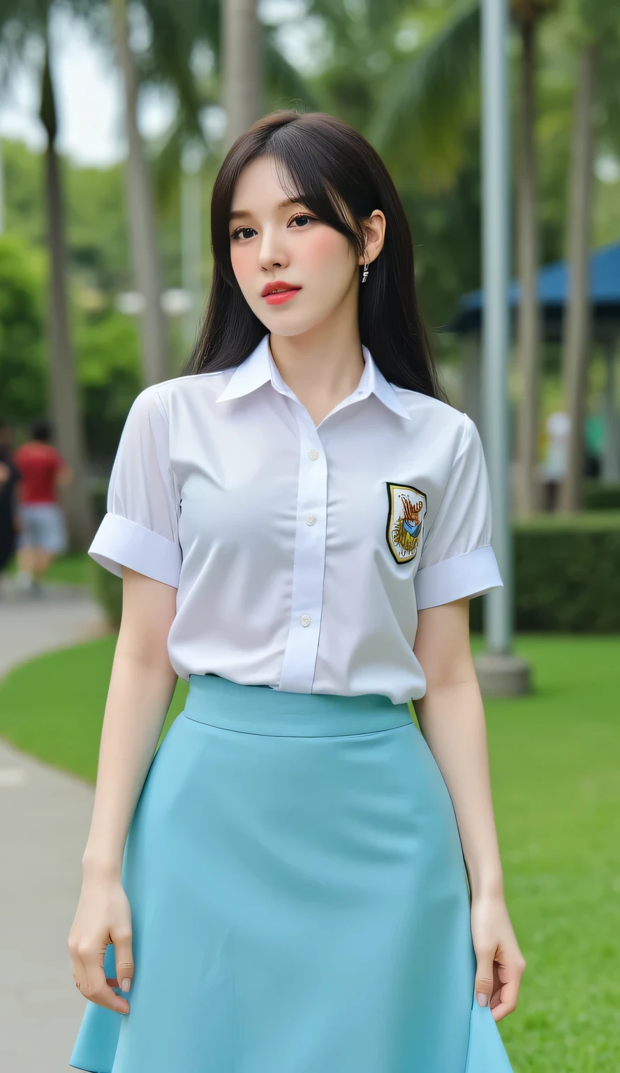 a woman, standing in the city park , shirt looks full body, body facing front, eyes looking at camera , wearing Indonesian school uniform short sleeve satin material white, long skirt satin material fishtail model light blue color, black sneakers, big size G-cup, thick red lips, seductive face, black hair