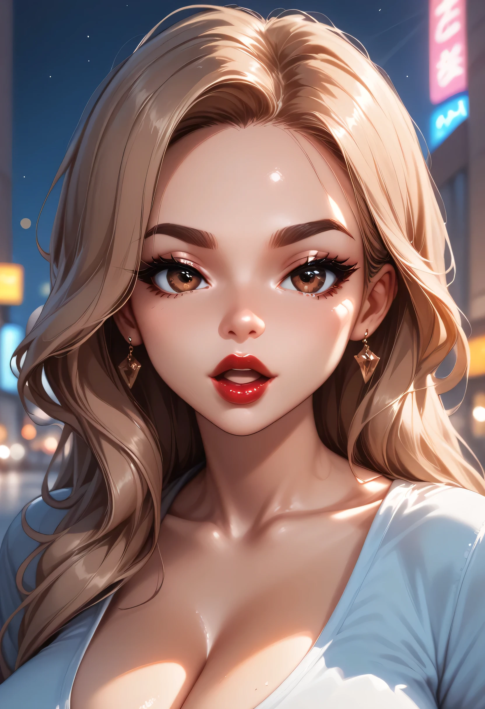 (black thick lines, perfect drawing), lightest brown hair, long hair, brown thin eyebrows, light brown eyes, black eyelashes, black eyeliners, nose, thick lips, red lips, open mouth, perfcet face, collarbone, cleavage, huge breasts, shirt, looking at viewer, (city, street, bokeh)