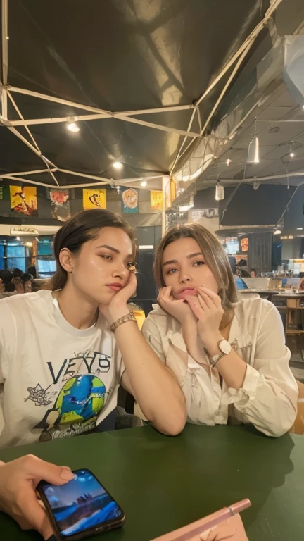 (in 8K, Raw-Photo, best quality, masterpiece:1.2), 2 girls , 20yo, 3/4 body, a beauty, blonde, Balkans ancestry, slim normal body, caramel layered hair color (wavy hair), bob cuts hair,(Show your teeth and smile), looking at viewer, black hoodies, ripped skinny jeans, streetstyle outfit, professional look, perfect face attractive people wearing hoodies in urban neighborhood, landscape, people sitting on roof watching over skyline. Streetstyle. (beads necklace:1.2), ((The highest quality, 16 k, masterpiece: 1.3)), Biologically Correct Human, reference, detailed faces, detailed lips, detailed eyes, glittering eyes, realistic pupils, brown pupils, outdoor, siting, elegance, at the coffee shop, light on the face, golden hours, ambience light, backlight, summer, people in the background watching, cinematic look, deep depths of field, blurry background, two people. people sitting on roof watching over skyline. Streetstyle. Wearing hoodies.