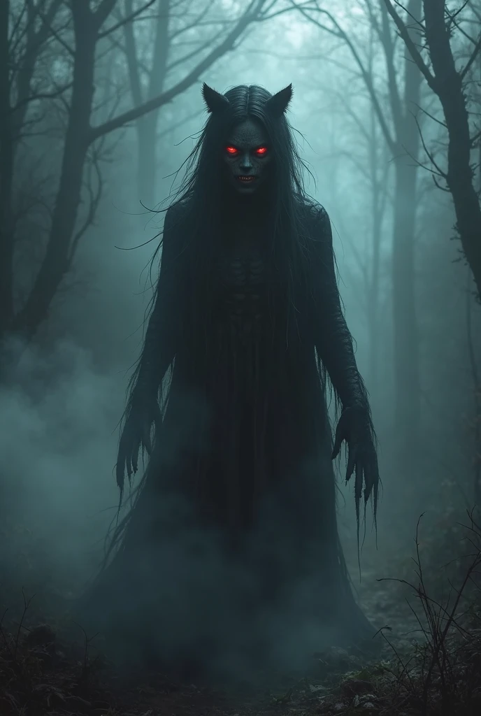 A dark, mystic depiction of a demon with features of a fearsome animal. This entity has a nightmarish, twisted form, with elongated limbs, clawed hands, and a face that combines demonic and bestial elements. The background is a cursed forest, shrouded in thick fog and illuminated by dim, flickering lights. The atmosphere is filled with a sense of cosmic horror and apocalyptic dread, amplifying the creature's terrifying presence.