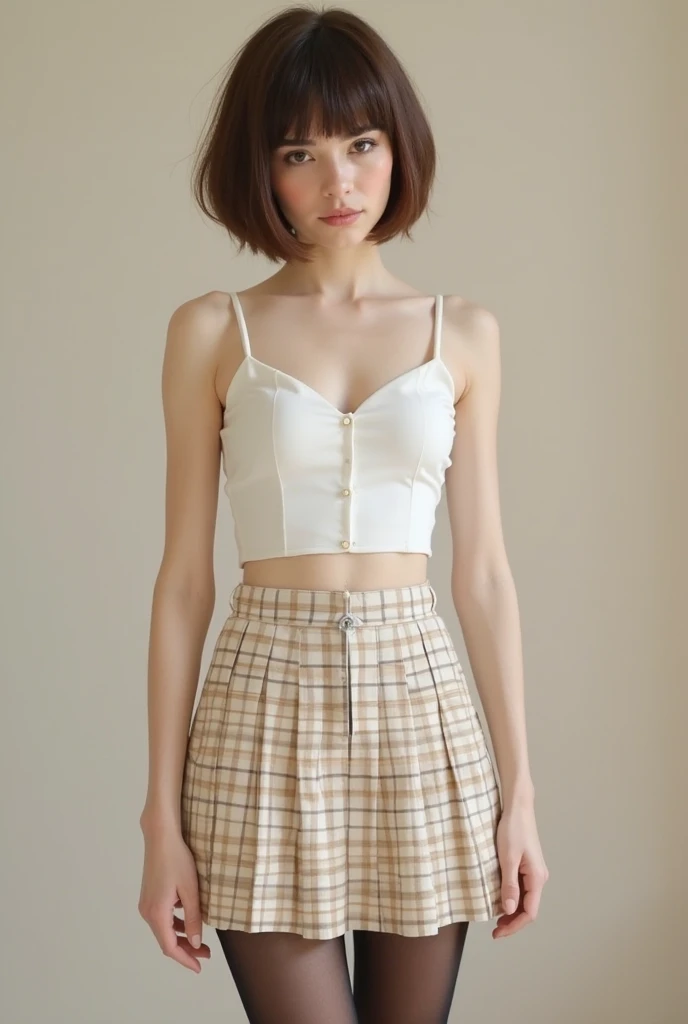 (Highest quality, 8K, masterpiece:1.2, RAW Photos), Standing in a room, ((beautiful girl, Baby Face)), Slender body line, (完璧な8頭身beautiful girl), (Small and slender figure), Short pigtails, Cute smiling face with mouth closed, Gaze at the viewer, (Small breasts), (Small beautiful hard nipples), ((A camisole and a mini pleated skirt with a unique design:1.2)), Dynamic Pose,