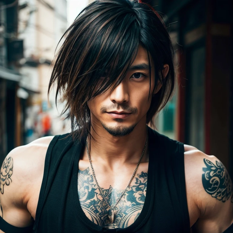 1 man, Japanese man, male, Asian eyes, muscular, broad shoulders, yakuza tattoos, hairstyle Visual Kei style, hair Visual Kei, black men's shirt and black pants, ultra detailed face, hyperrealistic, realistic representation, long hair, long hair, 30 years old, age 30 years, blonde hair