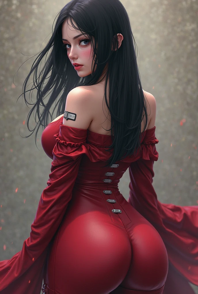 Woman, 30 years, romanic clothes ,dark blue hair, red eyes, red lips, Surrealism, cinematic lighting, god rays, from behind, bokeh, UHD, masterpiece, super detail, high quality