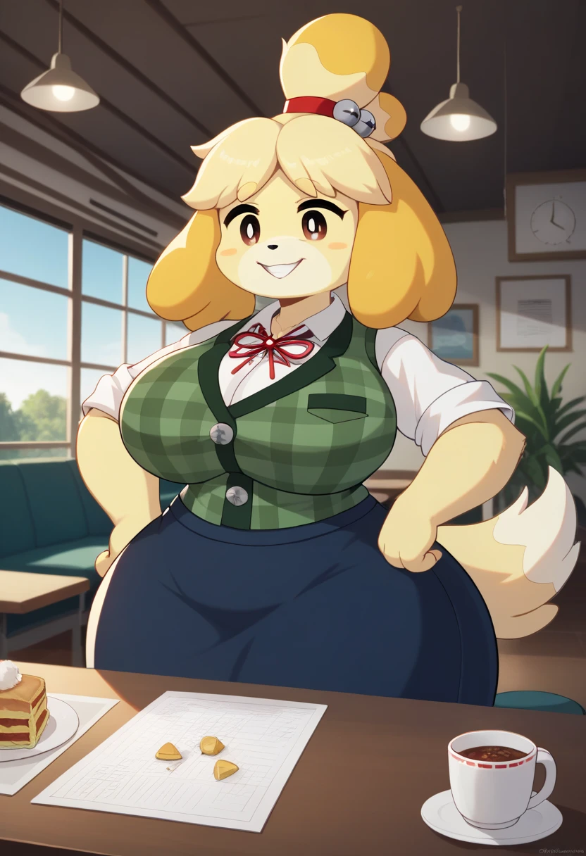 (huge breasts:1.4)(masterpiece) (high quality) (best quality) (1girl), (solo), narrow waist, (looking at viewer), Isabelle (Animal Crossing), white shirt, black tie, business skirt, stockings, garter straps, circular glasses, business office, night,