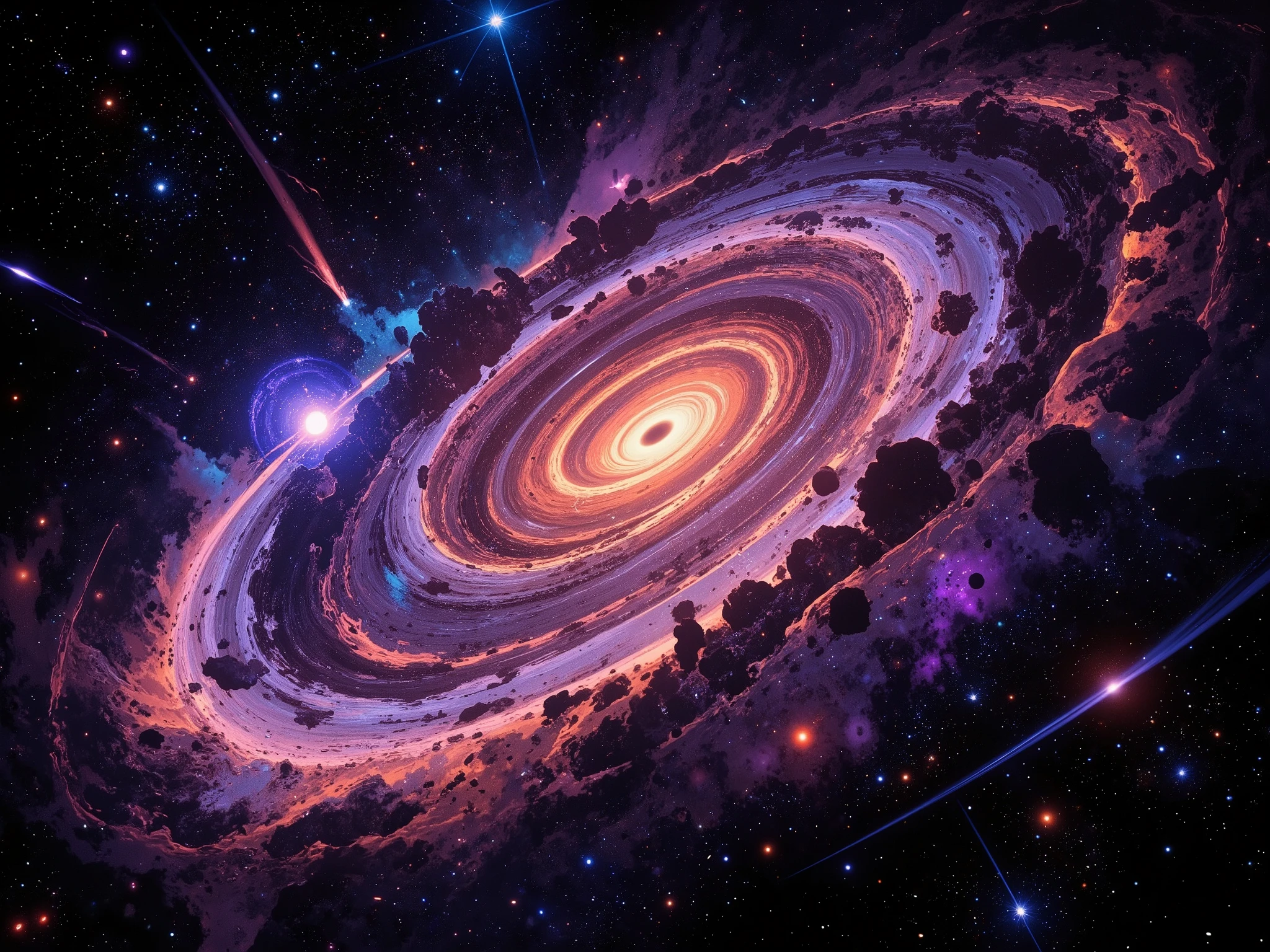 Space-style (spiral galaxy composition:1.4), featuring a majestic spiral galaxy at the center of the scene, its swirling arms illuminated by vibrant hues of purple, blue, and crimson. The galaxy is surrounded by a dense field of twinkling stars, with supernova sparks casting radiant bursts of light into the infinite darkness. Wisps of colorful nebulae intertwine with the galaxy's arms, creating a hypnotic and dynamic cosmic display.
The scene includes intricate details, such as black holes subtly bending the light around them, and shooting stars cutting through the frame. The colors are vivid and contrasting, emphasizing the sheer scale and wonder of the galaxy. The background is a deep, velvety black, accentuating the luminous beauty of the celestial phenomena. Style: cinematic, hyper-detailed, vibrant contrasts, smooth gradients, and a sense of infinite depth that evokes awe and wonder.