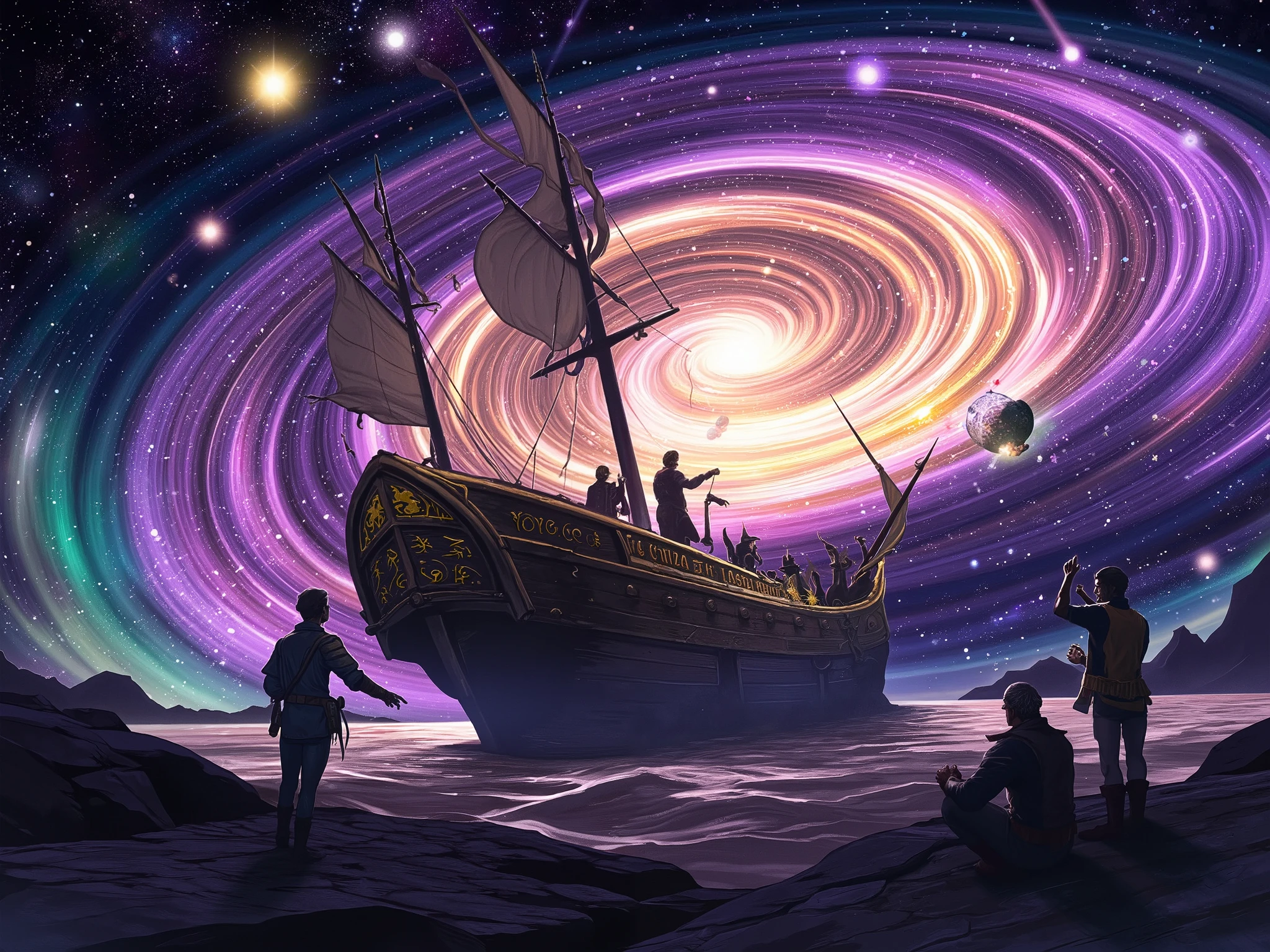 Fantasy-style (astral sea adventure:1.5), featuring a group of courageous adventurers navigating the vast and ethereal expanse of the astral sea. Their ship, an ornate vessel adorned with glowing runes and shimmering sails, drifts gracefully through an endless cosmic ocean that resembles a spiral galaxy. The swirling arms of the galaxy radiate vibrant hues of purple, gold, and teal, stretching infinitely into the distance, filled with shimmering stars and radiant nebulae.
The adventurers stand on the ship's deck, gazing in awe at the mesmerizing celestial landscape around them. Some point toward distant glowing orbs, while others study star charts filled with uncharted realms. Their expressions mix curiosity and determination, as they dream of endless possibilities that lie ahead in this boundless cosmic sea.
The atmosphere is magical and adventurous, with shooting stars occasionally streaking across the dark expanse and bursts of light from celestial phenomena illuminating the ship's hull. Style: cinematic fantasy anime, hyper-detailed, bold contrasts, vibrant colors, and a composition that evokes wonder, exploration, and infinite potential.