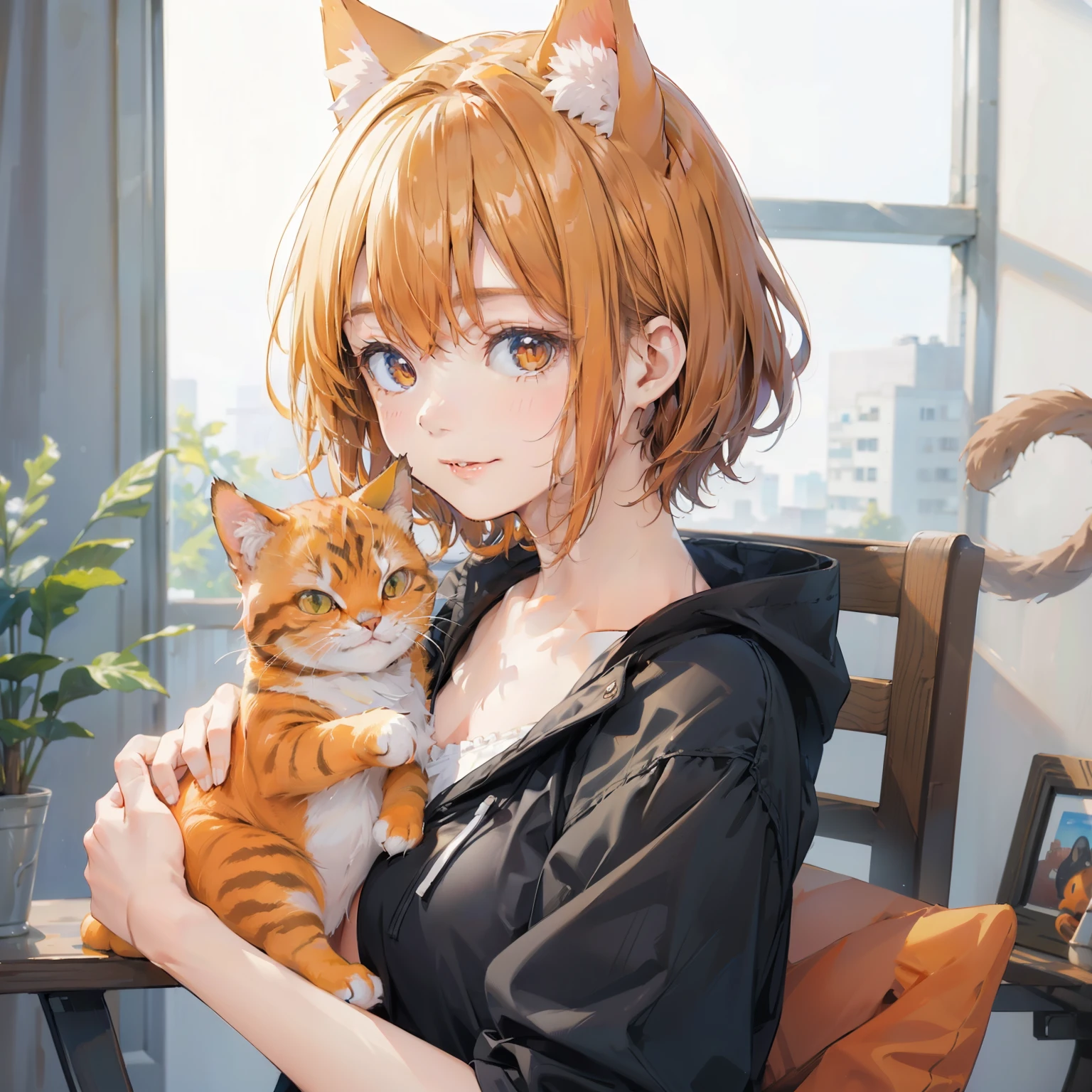 A cat ears girl holding a orange cat ((Best quality1.2))、((masterpiece))