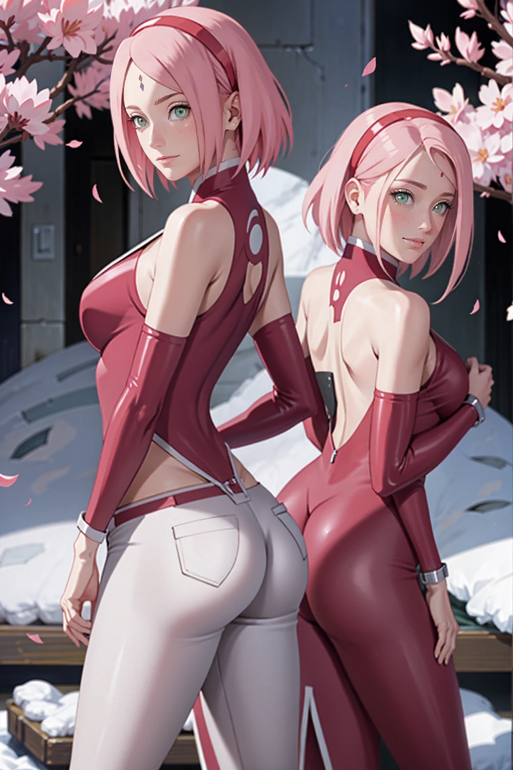 work of art, high qualiy, 8k, ultra detaild, face detailed, expression of pleasure, (large breasted),1 girl, pink hair, (best qualityer:1.3), sakura, large breasteds, (smiling, blushing:1.1), (ass pov), (grabbing breasts:1.8) standing, blush, glowing eye, plein-air, (face detail), jeanfavonian, Stand up, ssmile, (armpit poses), holding a black dick.