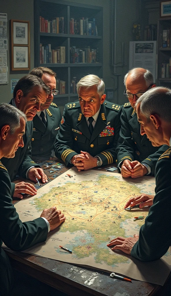 A military strategist, wounded, old, from World War II, analyzing maps in oil painting