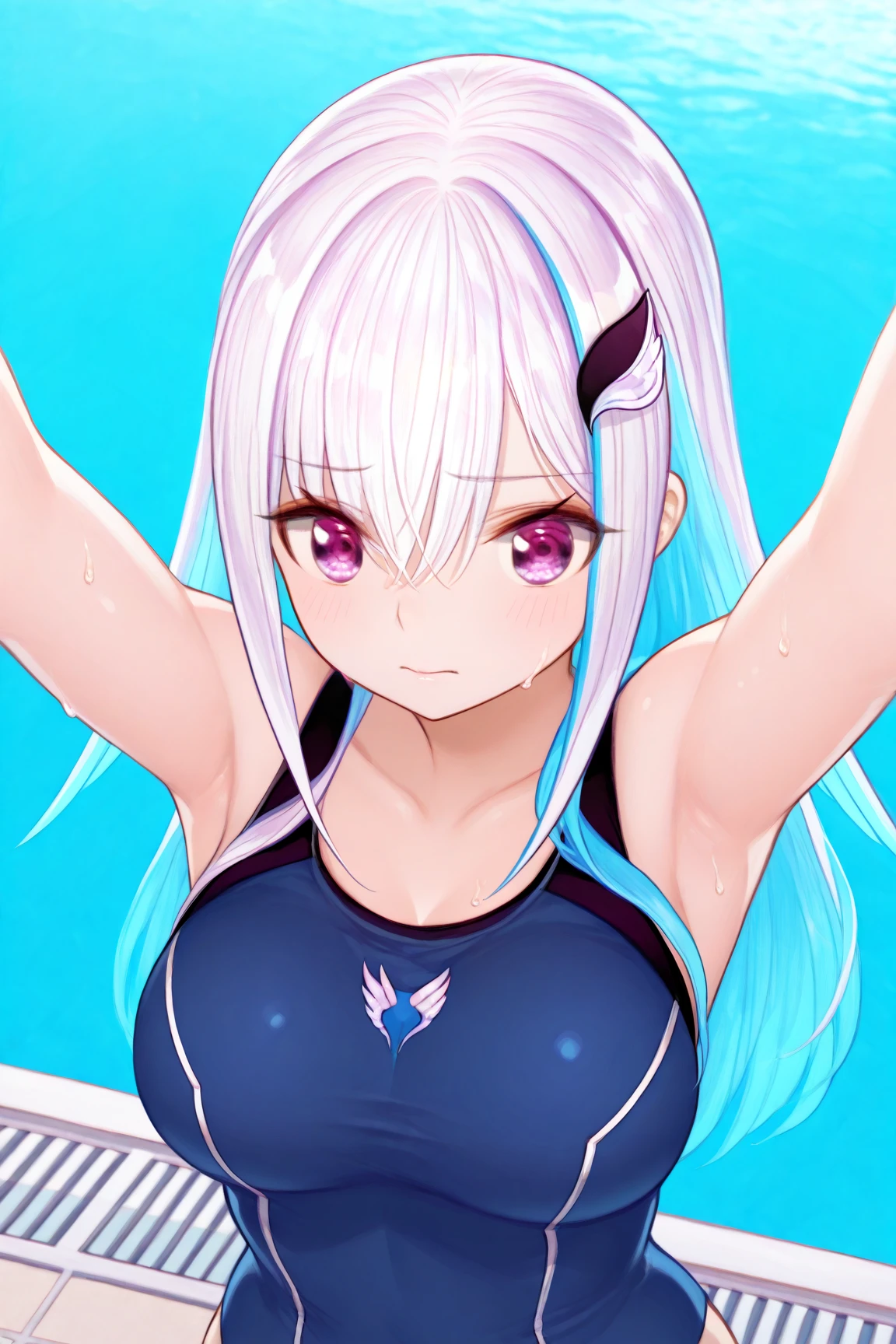 Rize Helesta,Best Quality , Best Quality , High definition photos , masterpiece , High Precision , high performance , , 、Estrus期、 very large ,girl, curvilinear, sweat, twinkle in both armpits, indoor, ,ashamed even after ,masterpiece, BEST QUALITY, high resolution, hair ornament, long hair,Estrus, that seem to spill out,, popup, long ,soft , and sticks out,poolside,school swimsuit,Sca water,水着に収まりきらない,サイズが小さいschool swimsuit, sticking out of a swimsuit