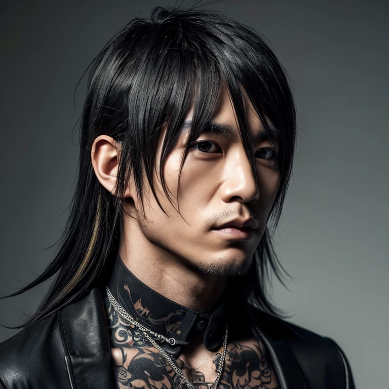 1 japanese male rocker, asien eyes, Visual Kai hairstyle, ultra detailed face and body, hyperrealistic, realistic representation, muscular, broad shoulders, tattoos gothic style, piercings, Visual Kei style, hairstyle Visual Kei, blond, 40 years old, age 40 outfit gothic streampunk, men's shirt and black pants, Asian eyes, eyes Asian, long hair, long hair