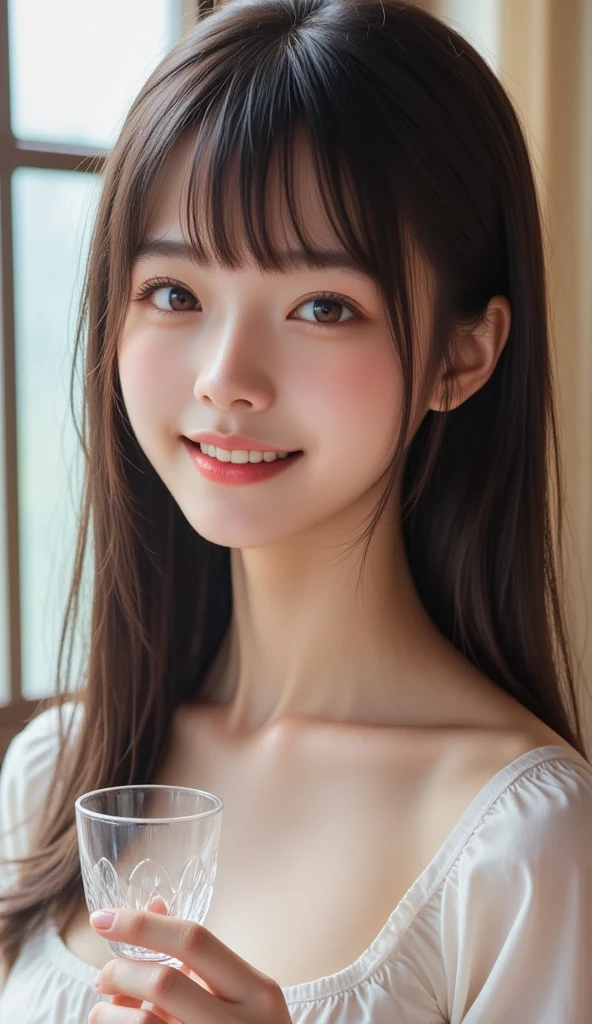 ((masterpiece: 1.3),8k, Realistic, RAW Photos, Highest quality: 1.4),whole body、 (One Girl), beautiful顔, (Realistic Face), (Brown long hair: 1.3), bangs,  Perfect dynamic composition,(High quality with attention to detail, Realistic depiction of eyes:1.3)、(((full-body shot, Gingham Check One Piece、Cafe)))、 profile、２１talent、beauty、Well-formed face、Make the eyes even、Banditium Build、Balanced ratio、beautiful足、Fresh face、beautiful景色、beautifulヘアスタイル, (bangs), (smile), smile, Realistic eyes, Gloss, highlight, highlight in the Eyes, eyelash, 目の中のbeautifulディテール, (Realistic Skin), Shooting from the air、beautiful肌, Transparency、(beautiful)、 smile, teeth, Confused, charm, 超High resolution, Ultra-realistic, High resolution, Golden Ratio, clear eyes, Wet, Looking into the camera, ear, Shine, Long neck, double eyelid, Thin eyebrows、Big eyes, cheek, kind character, charm personality, kind, 圧倒的なcharm, bright personality