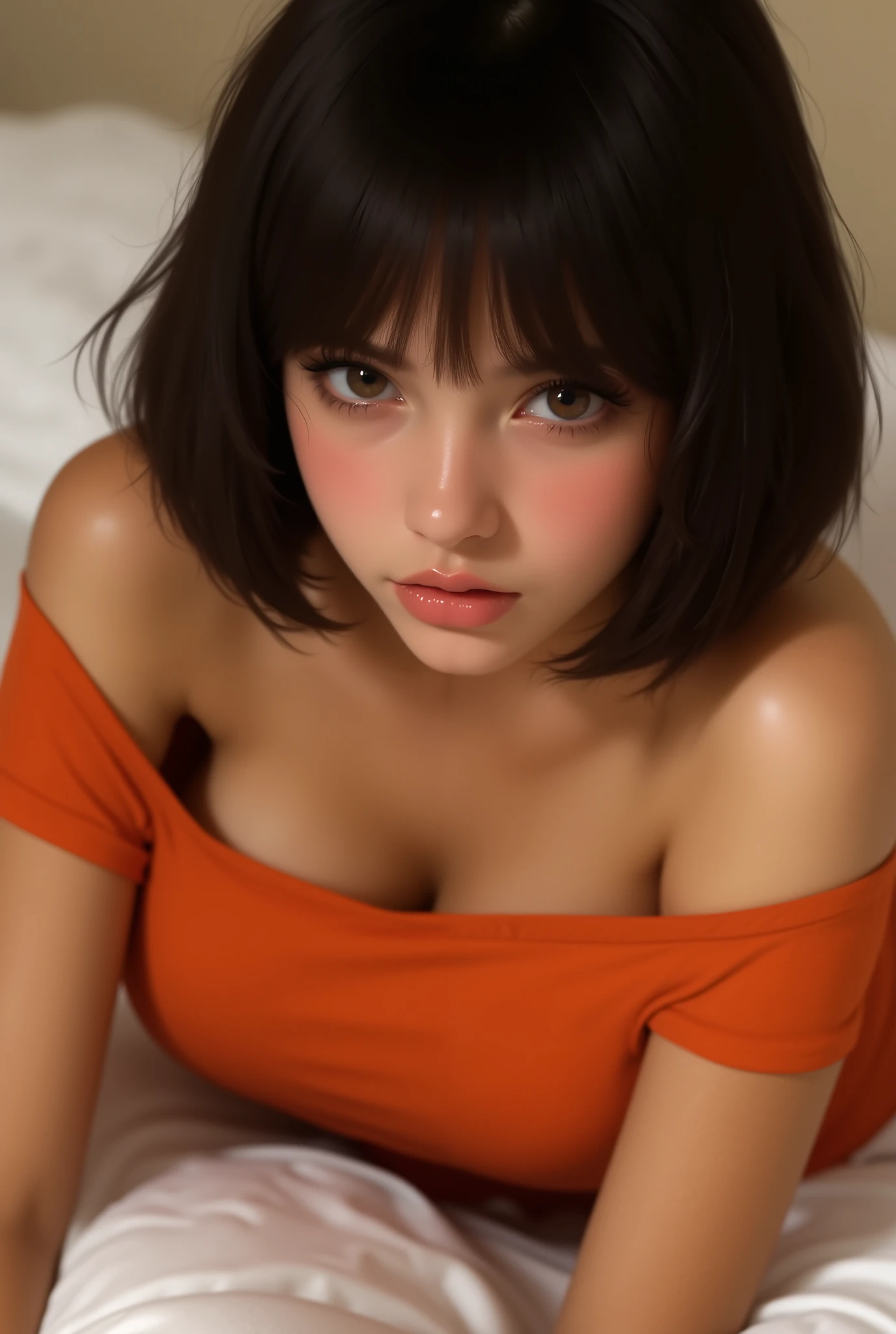 Amazing portrait of a sexy and cute girl with a short bob hairstyle and a seductive gaze who is blushing intensely with parted lips and is desperate and flustered and lustful wearing an off shoulder orange t shirt showcasing her bare shoulder while lying on bed