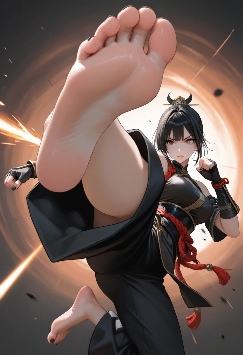 score_9, score_8_up, score_7_up, 1girl, kicking, kicking at viewer, looking at viewer, motion lines, motion blur, yor briar, red sweater, black pantyhose, earrings, white headband, black hair,
