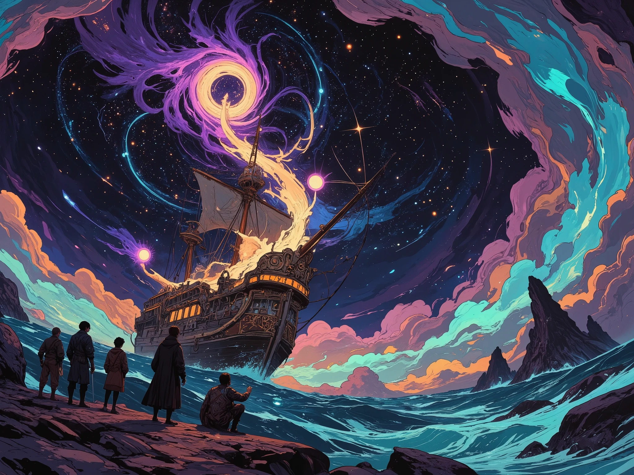 Fantasy-style (astral sea adventure:1.5), featuring a group of courageous adventurers navigating the vast and ethereal expanse of the astral sea. Their ship, an ornate vessel adorned with glowing runes and shimmering sails, drifts gracefully through an endless cosmic ocean that resembles a spiral galaxy. The swirling arms of the galaxy radiate vibrant hues of purple, gold, and teal, stretching infinitely into the distance, filled with shimmering stars and radiant nebulae.
The adventurers stand on the ship's deck, gazing in awe at the mesmerizing celestial landscape around them. Some point toward distant glowing orbs, while others study star charts filled with uncharted realms. Their expressions mix curiosity and determination, as they dream of endless possibilities that lie ahead in this boundless cosmic sea.
The atmosphere is magical and adventurous, with shooting stars occasionally streaking across the dark expanse and bursts of light from celestial phenomena illuminating the ship's hull. Style: cinematic fantasy anime, hyper-detailed, bold contrasts, vibrant colors, and a composition that evokes wonder, exploration, and infinite potential.