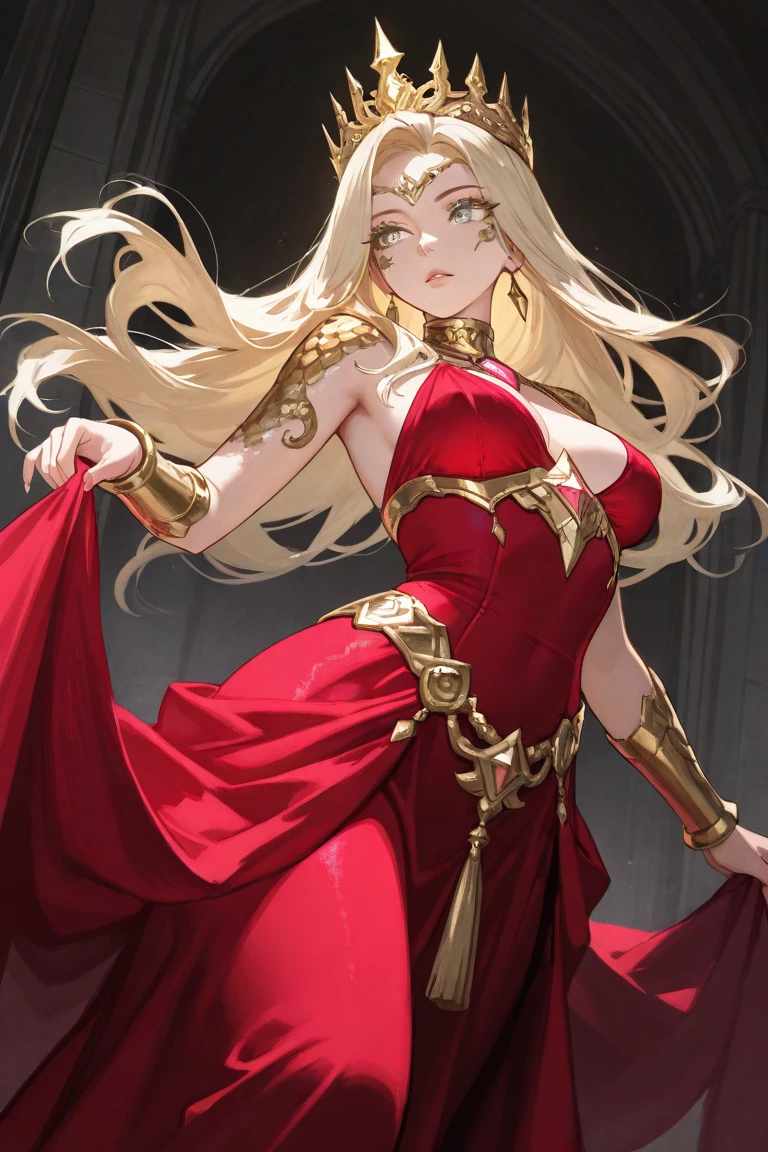 woman, 5 feet in height, very curvy, skin slightly golden, long hair is bright gold, eyes are dark gold, wears flowing red robes with gold and black trim, very decorative chain jewelry