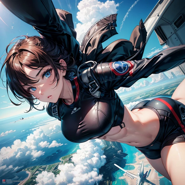 Very beautiful and attractive 38 year old female spy、She is now、They flew out of the large rear hatch of a large transport aircraft at altitude 3,10,000 meters of parachute diving,000 m Uphill.、Tight black skydiving suit and lace-up boots、It&#39;s like the movie Mission Impossible.(The female version of Tom Cruise.),Very large, Pendulum Chest、Perfect ratio of attractive mature women、Surrealistic Mature Body and Skin,Very huge sag ,Attractive sexy naked figure,Dark brunette One length Perfect straight Very long hair,A very tense and thrilling movie scene、Great angles and lighting from a professional photographer、Female spy falls from skydiving、Long hair blowing in the wind、Spread your arms and fly in the sky、Strong winds、