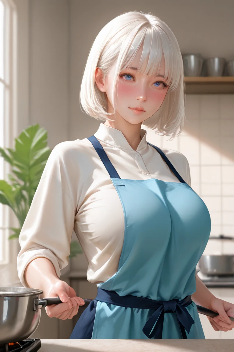 one woman, highest quality, masterpiece, big breasts, beautiful breasts, Super beautiful woman, beautiful eyes, Upper body, 2D, standing position, cleavage, perfect eyes, anime characters, smile, open your mouth, silver hair, Forehead visible, naked apron, kitchen, mature woman,