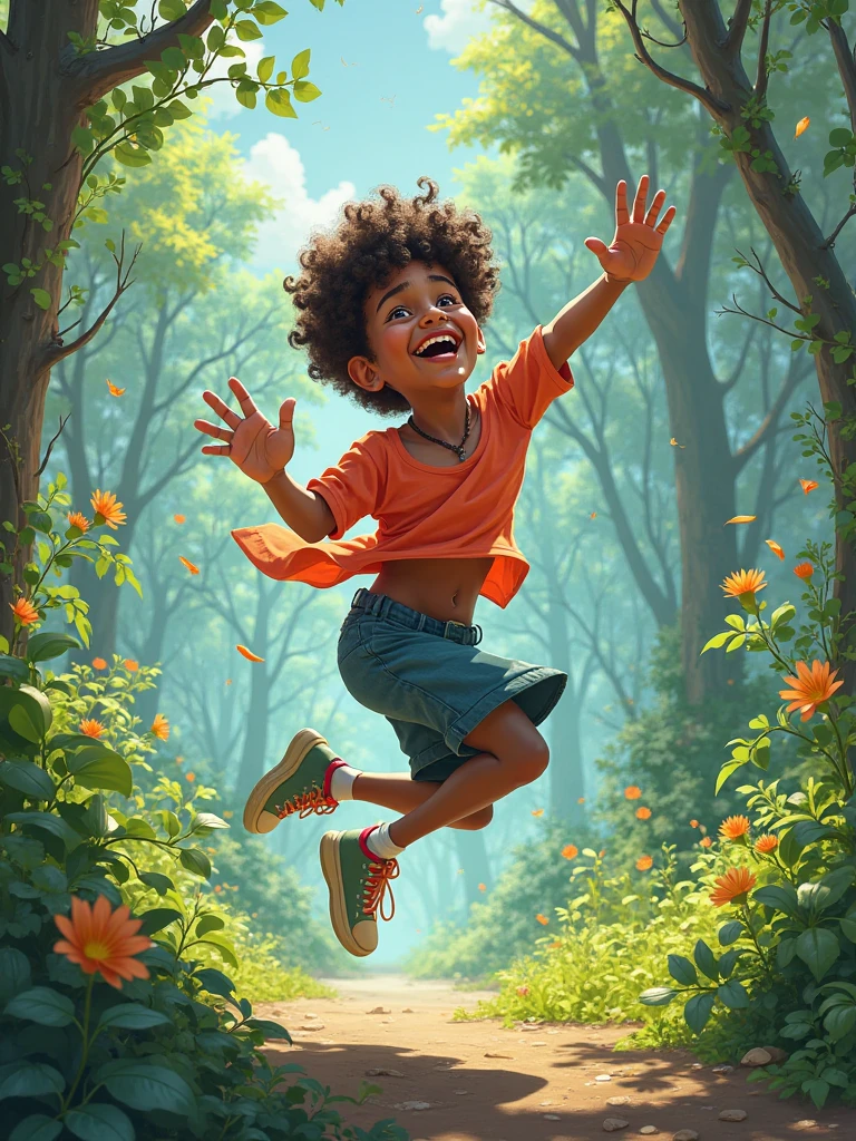 A boy Jumping on branch of tree