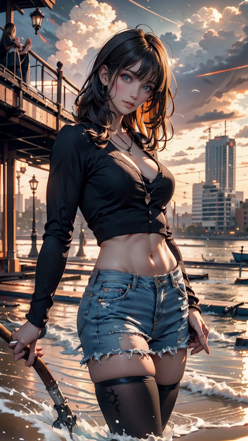 D CUP breasts, sunlight, Sunlight, (chiseled abs : 1.1), (Perfect body : 1.1), (short curly hair : 1.2) , auburn hair, collar, chain, full-body shot, crowded streets, Wearing a black vest, jean jacket, ((shorts)), (Extremely detailed CG 8k wallpaper), (extremely delicate and beautiful), (masterpiece), (best quality:1.0), (ultra high resolution:1.0),  beautiful lights ,perfect lightning, Realistic shadows, [high resolution], Delicate skin, Super detailed