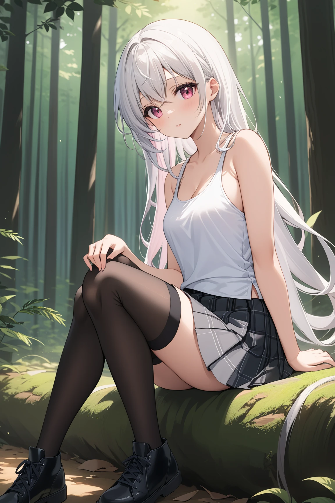 White v-neck T-shirt and green pleated skirt, embarrassed feelings, (lifting legs on tree roots), ((rolling skirt up)), (white panties), anime style, blushing, bright forest, flowers