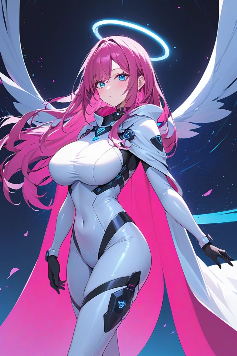 1girl, large breasts, breasts, thick thighs, wide hips, pink hair, long hair, blue eyes, white bodysuit, bodysuit, futuristic, science-fiction, tech, machinery, angel wings, pantyhose, thigh strap, cutout, hip vent, cleavage, serious, glowing eyes