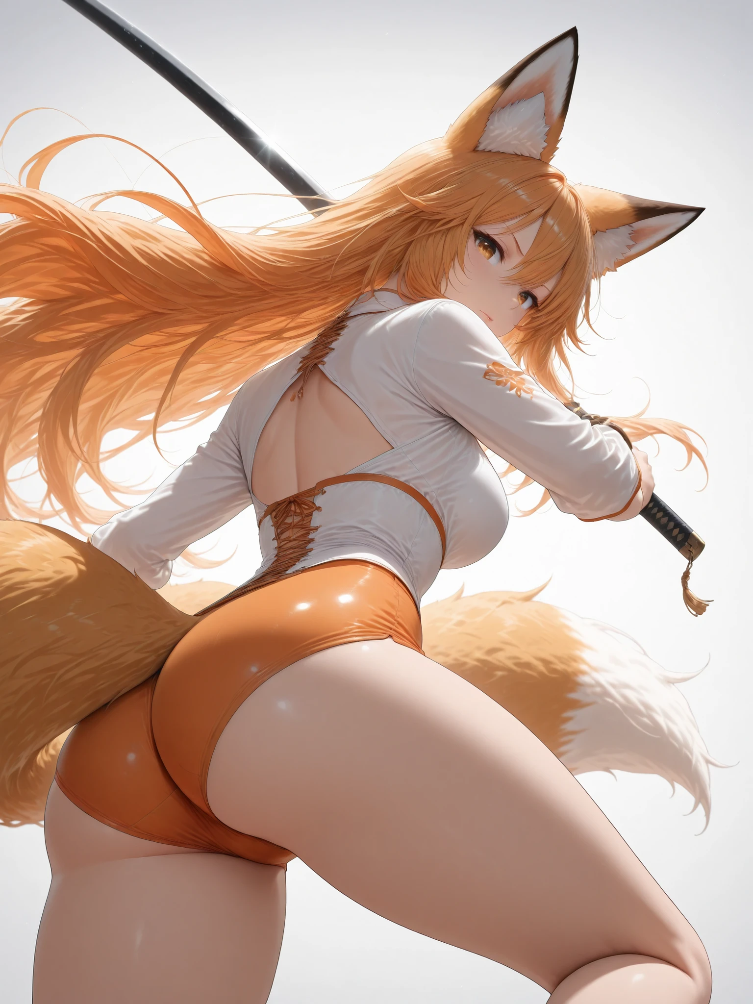 ((Best Quality)),( super high definition),(Super detailed),( detailed description ),((The best CG)),(masterpiece),(fox girl, orange color costume,reversed. White color),white background, The fox girl equipped on Katana,(extreme close-up shot)