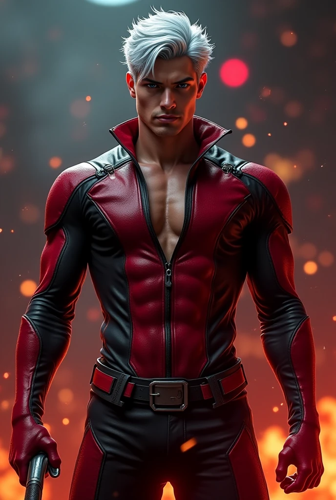 a tall slender lean male, his hair is light blue and spiky. wearing a small tight red leather shirt that only covers his chest, cut off showing abs, wearing tight red leather red pants, in a fairy world background