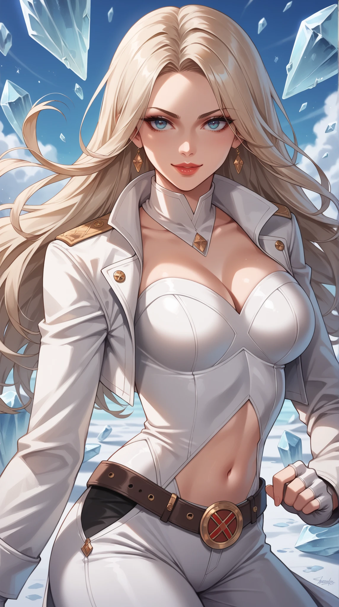masterpiece, best quality, 1girl, solo, ludmilla, fur hat, ushanka, scarf, white jacket, fur trim, cleavage, white gloves, dress, garter straps, white thighhighs, aiguillette, parted lips, mature female, looking at viewer