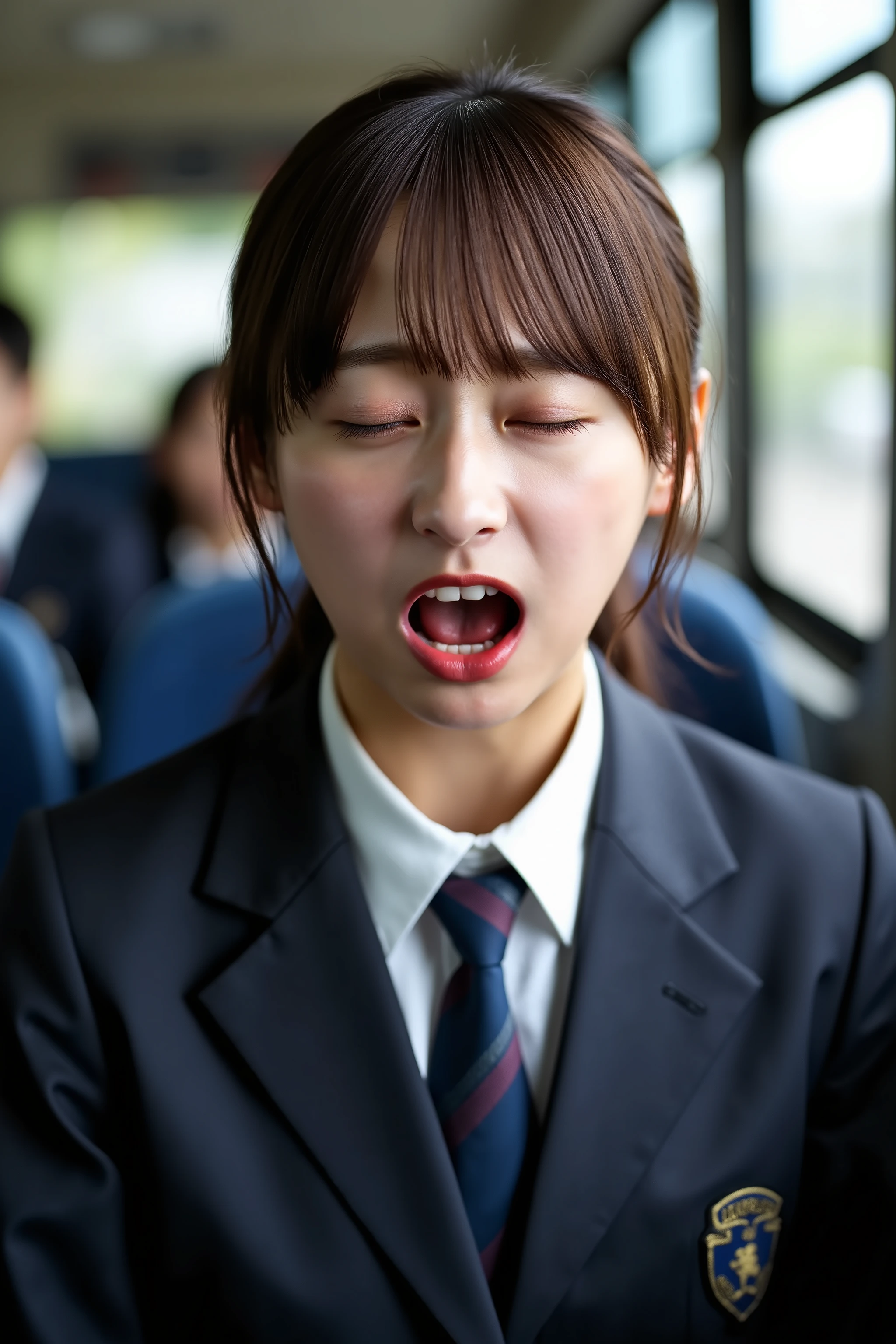 A high resolution photograph of a young beautiful brown-haired Japanese woman in school uniform sitting on a school bus seat. She closes eyes and opens mouth. She's shouting and screaming in sexual behavior.
She looks climax expression, crying, frustrated, frowning, panting, gasping face. The focus is on her face.
It depicts detailed face, detailed eyes, sophisticated nose, carved face, greek nose, narrow nostrils.
The amazing quality, extreme details, intricate details, sharp focus, rich contrast and realistic use of professional lighting techniques make this photograph a masterpiece. 