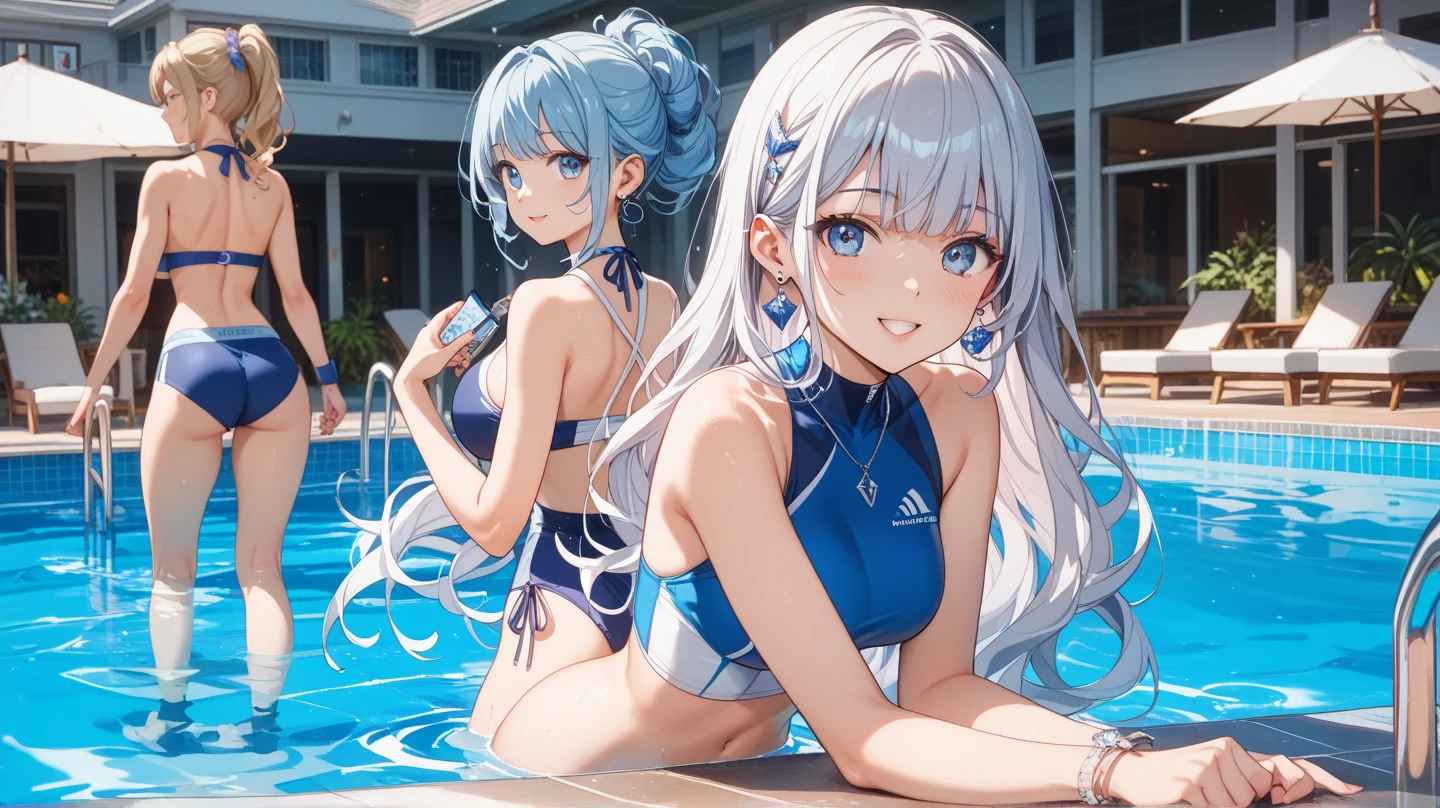 ((2D beautiful girl、top-quality、Perfect Finger 1.3、Perfect Anatomy 1.3、extremely delicate and beautiful illustration))、cute petit girl、(transform sequence)、((swim wears))、12year old、Slender beautiful girl、Fractal Art、baby-face、((stright long hair))、big drooping eyes、A smile that showed teeth、Full Body Display、(3 persons)、long-sleeve、school poolside、