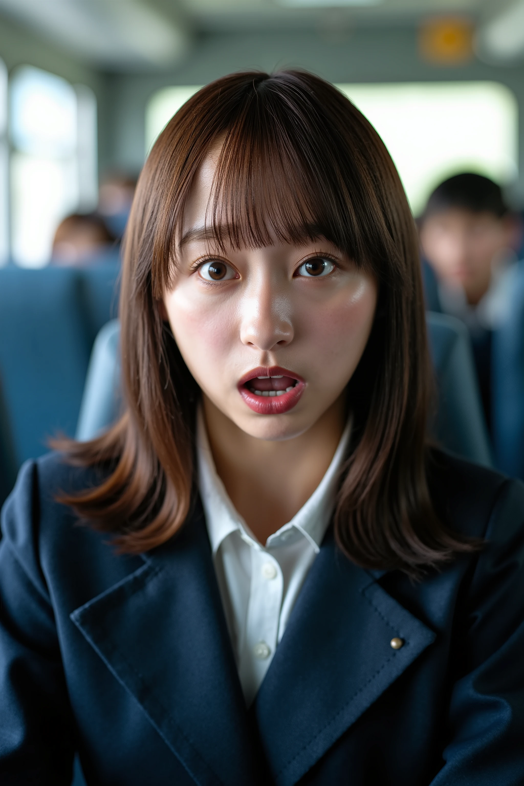 A high resolution photograph of a young beautiful brown-haired Japanese woman in school uniform sitting on a school bus seat. She closes eyes and opens mouth. She's shouting and screaming in sexual behavior.
She looks climax expression, crying, frustrated, frowning, panting, gasping face. The focus is on her face.
It depicts detailed face, detailed eyes, sophisticated nose, carved face, greek nose, narrow nostrils.
The amazing quality, extreme details, intricate details, sharp focus, rich contrast and realistic use of professional lighting techniques make this photograph a masterpiece. 
