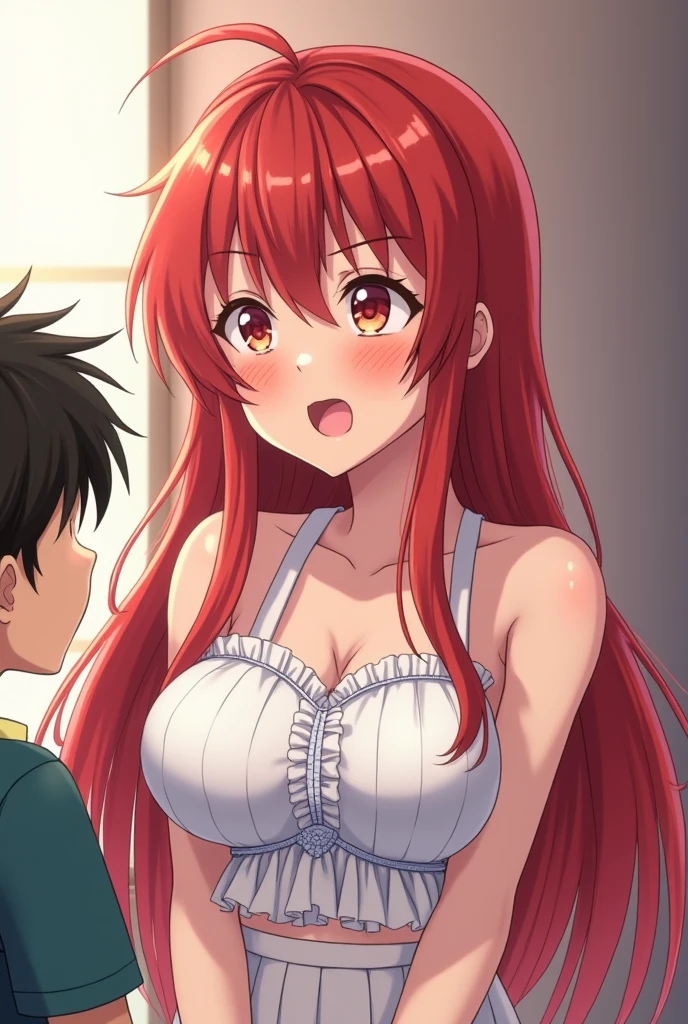 image is from an anime, depicting a humorous or awkward situation. It shows a 11 year boy with short black hair, sitting on a bed while looking at 30 years old women with long orange-brown haird. The women, who appears surprised , is wearing bikinies , while the boy looks startled and is partially uncovered by a bed sheet. The background features red curtains, giving the scene an intimate or tense setting. The overall style is comedic and fits the trope of awkward encounters often found in romantic or slice-of-life anime.