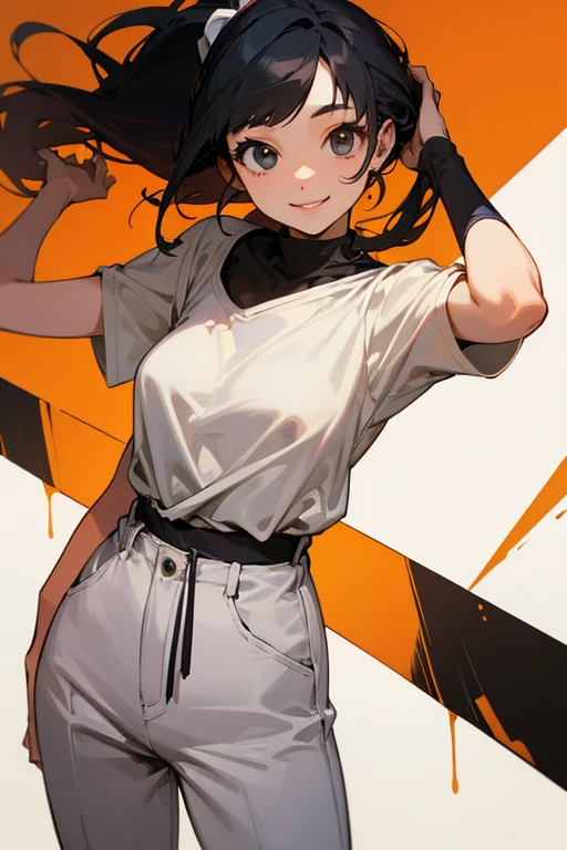 QBZ191, 1girl, eyewear on head,animal ears,solo, long hair, shorts, breasts, white background, orange shorts, simple background, arms up, armpits, tank top, short shorts, ponytail, medium breasts, cowboy shot, tying hair, sweat, cleavage