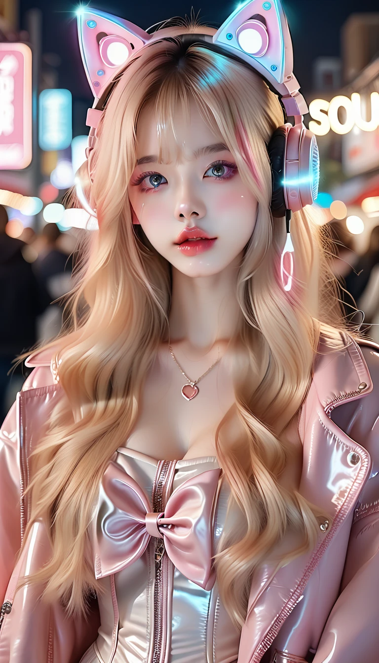"Hyper-realistic portrait of a cute young woman with long blonde hair and pink streaks, wearing shiny pink leather jacket and corset, cat ear headphones, bright multicolored eyes, glowing skin with smooth texture, playful anime-inspired fashion, soft cinematic lighting, high detail, photorealistic, glossy lips, natural makeup, 8K resolution"