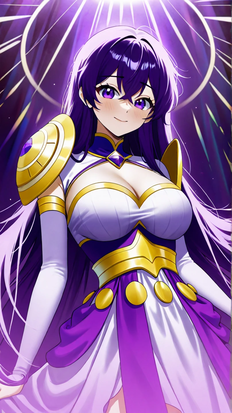 "(masterpiece), Highest quality, 
One girl, (80s anime style:1.3), (eyelash:1.5),
(Exquisitely detailed body:1.2), 
Purple Hair, 
(bangs:1.1), (Twin tails, Drill Hair:1.1), 
Purple eyes, (Red lipstick, Detailed pupil:1.1), 
(Pale skin:1.1), (Huge breasts:1.5), 
Calm, Open your mouth
(Metal bodysuit:1.2), (pantyhose:1.3), 
(knight armor, Armored Boots, mini skirt:1.2), 
(Hoop Earrings:1.1), Long gloves, Crown, 
Are standing, 
(Cowboy Shot:1.1), 
(Bright colors, Floral frame, Decorative panel, Abstract art, Alphonse Mucha:1.1)"