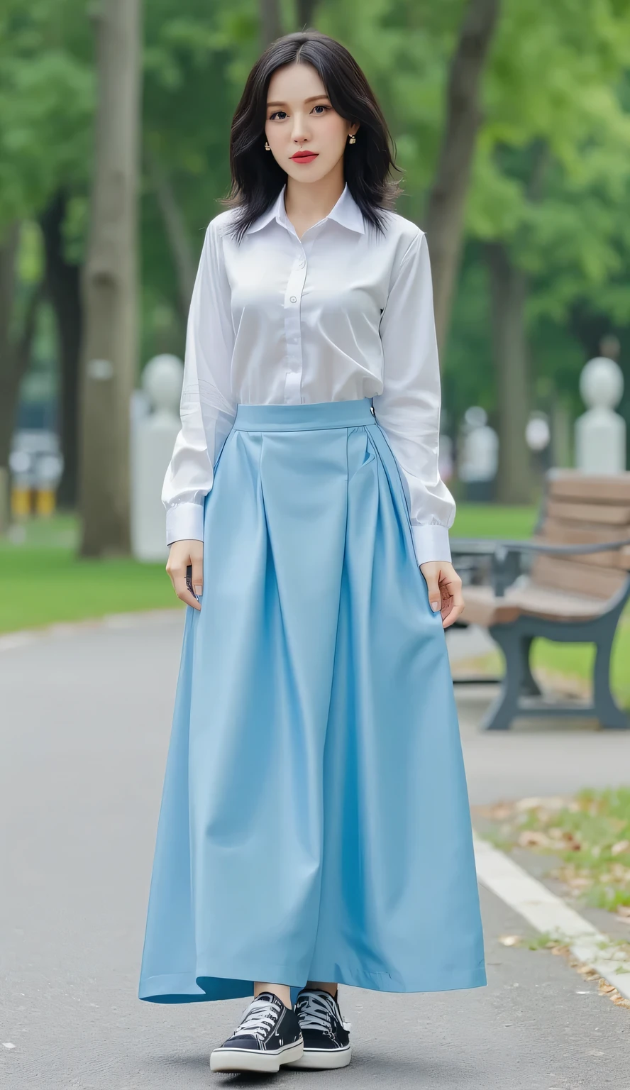 a woman, standing in the city park , shirt looks full body, body facing front, eyes looking at camera , wearing Indonesian Muslim school uniform long sleeve satin material white, Long skirt to the legs tight satin material of light blue color, black sneakers, big  size G-cup, thick red lips, seductive face, black hair