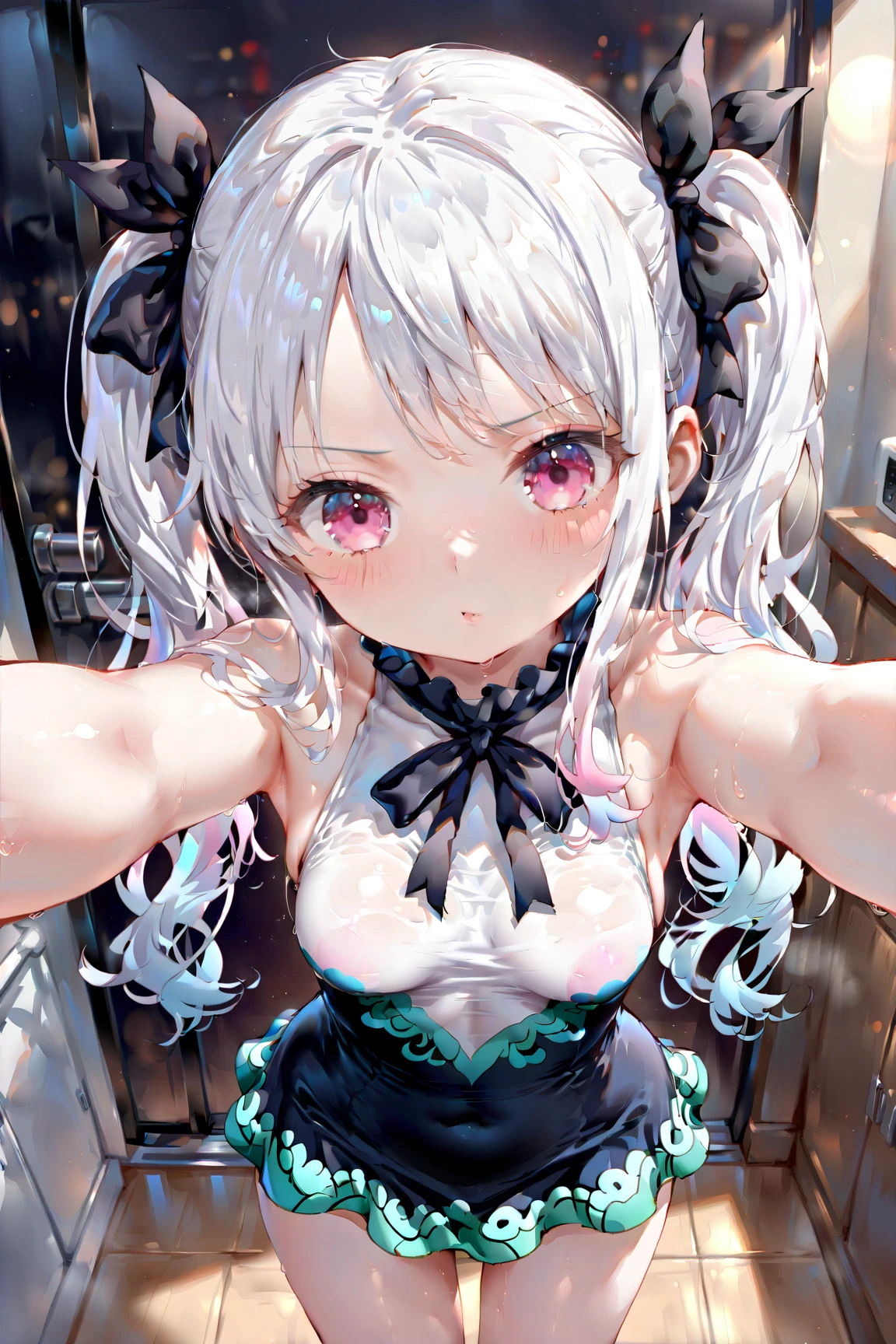 lovelive!,anime nose,anime mouth,kasumi,nude,Silver Hair,Black Hair Band,Long Side Tail,(((masterpiece))), (((Portraiture))), Diffuse Light, Dynamic Shadows, Sharp focus, Genuineistic, detailed, High resolution, Absurd, White Background, very good, photoGenuineistic, Genuine, Wet, mascara, blush, Sleeveless, like々New Look, Pee stains,