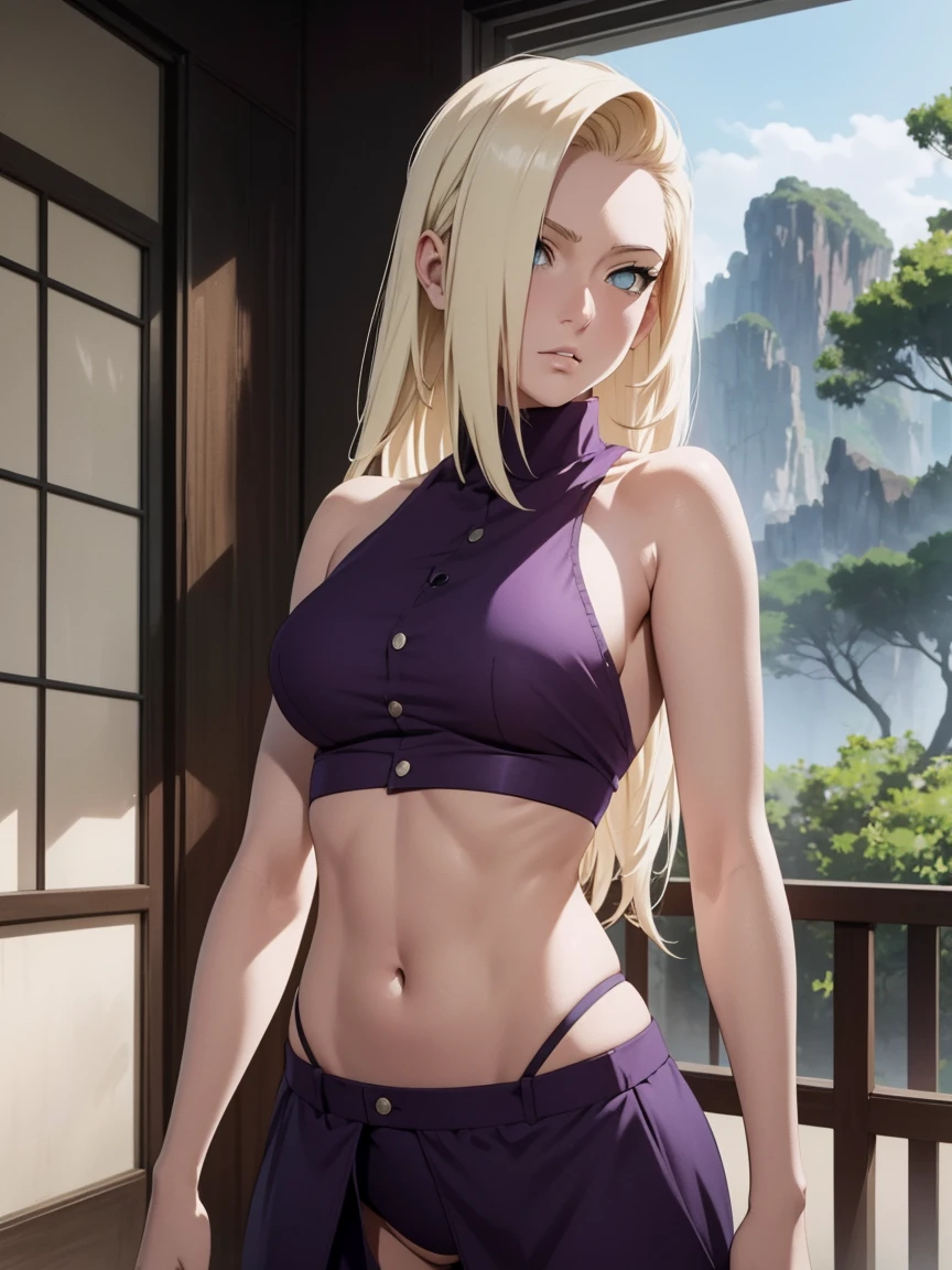 ino yamanaka, long hair, blonde hair, ponytail, high ponytail, blue eyes,bare shoulders, detached sleeves, bandages, bandaged leg, sleeveless, hoodie, hood down, crop top, purple crop top, pelvic curtain, detached sleeves,