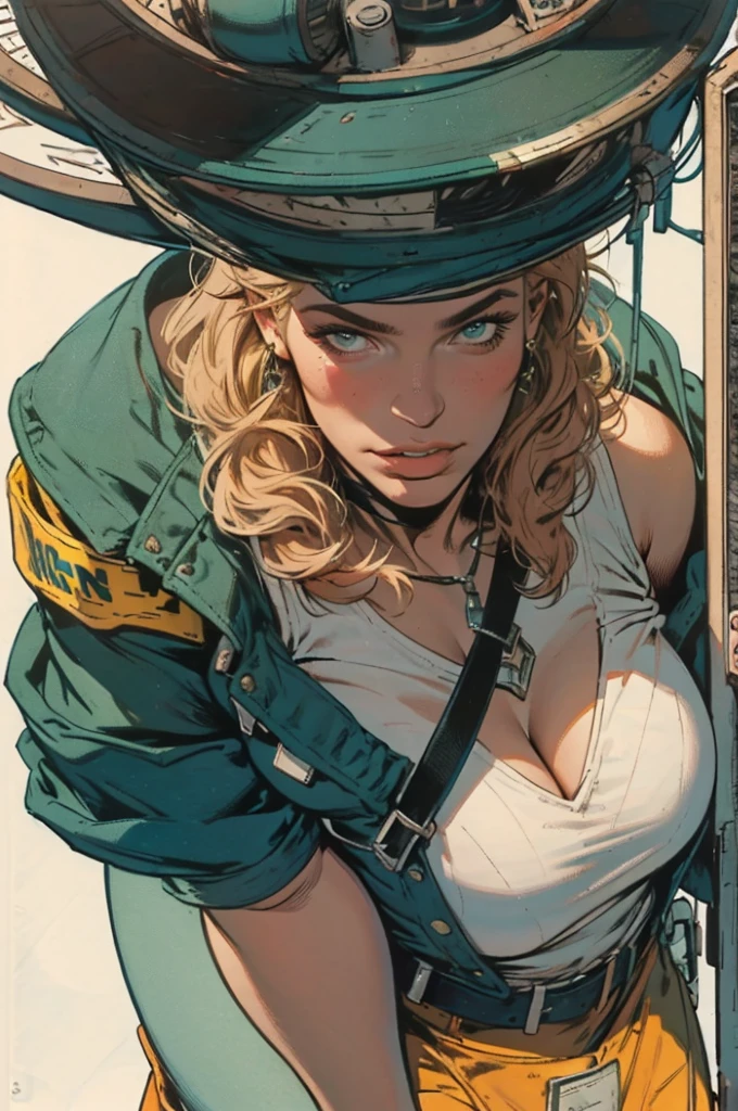 there is a woman in a green coat (curvaceous, massive breasts: 1.5, colossal cleavage: 2.2, long blonde hair, exposed breasts) standing in front of a bar, a character portrait by Gabriel Ba, trending on Artstation, digital art, Charlie Bowater character art, Charlie Bowater rich deep colors, Jen Bartel, qiyana, Charlie Bowater art style, style of Charlie Bowater, background artwork, black canary, full art illustration