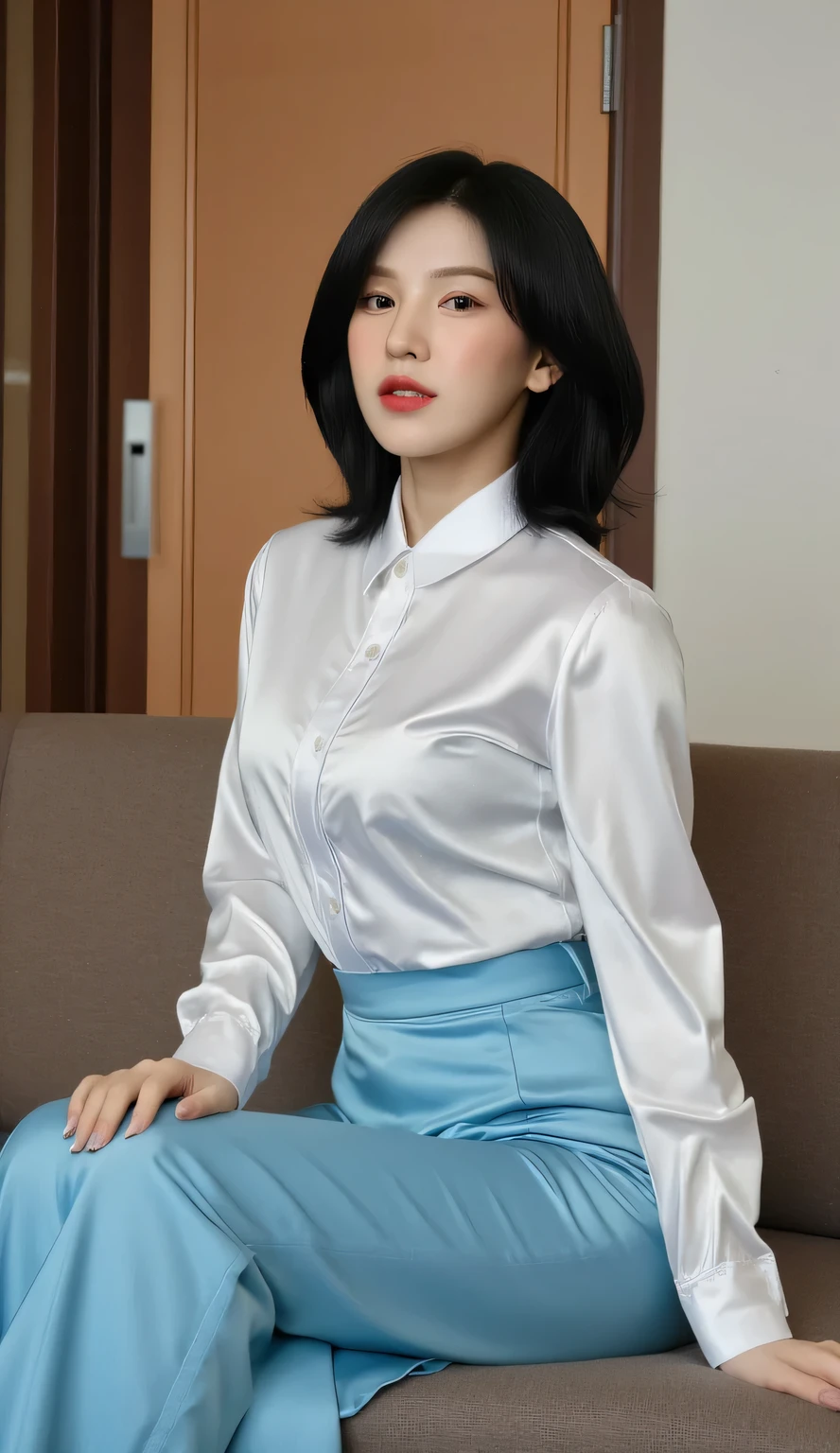 a woman, sitting upright in the living room, shirt looks full body, body facing front, eyes looking at camera , wearing Indonesian Muslim school uniform long sleeve satin material white, Long skirt to the legs tight satin material of light blue color, black sneakers, big size G-cup, thick red lips, seductive face, black hair
